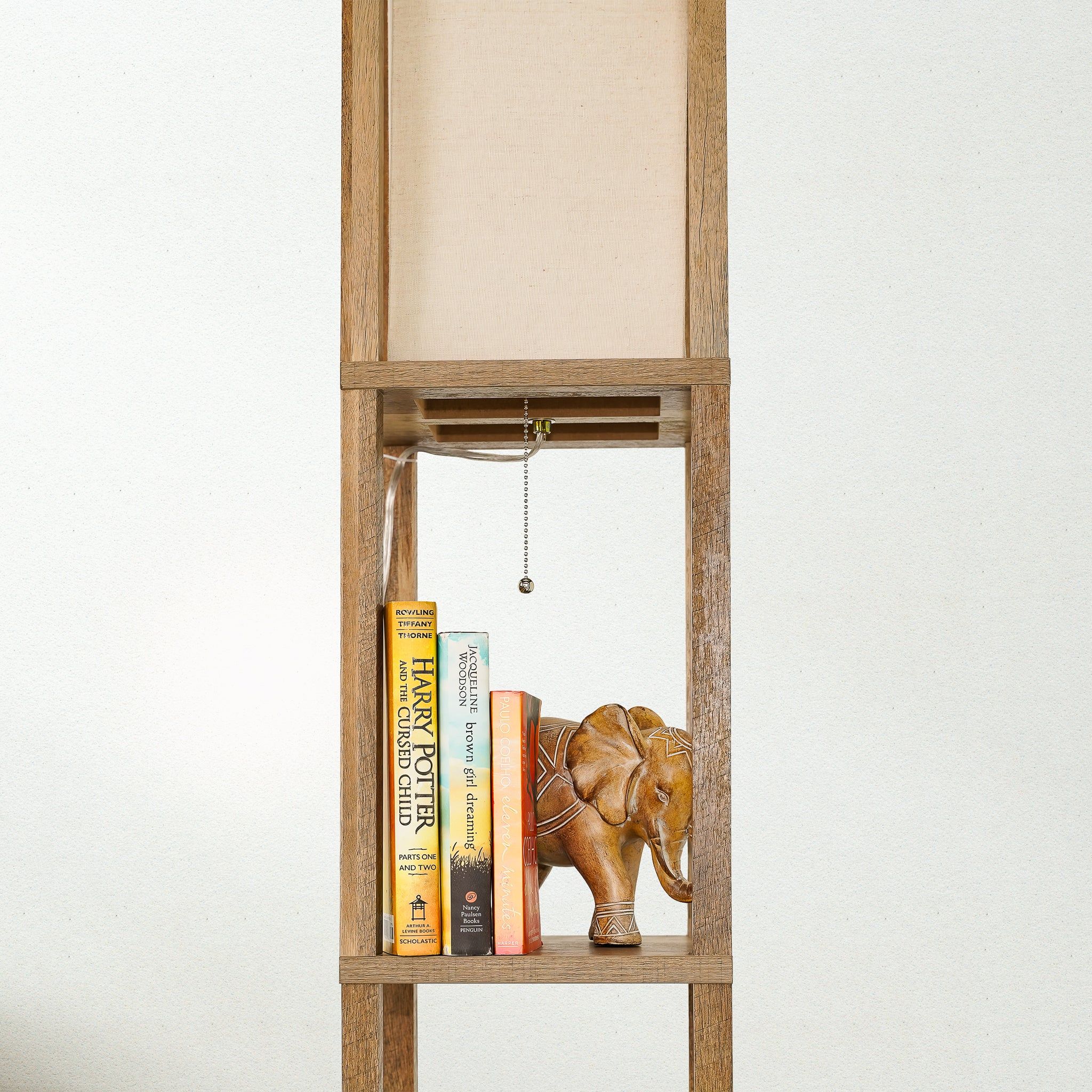 Pinnacle - Shelf Floor Lamp For Bedroom / Living Room, Long Shade - Natural Wood / White - Image 8