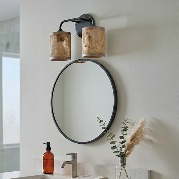 Quell - Double Light Vanity With Natural Shade Wall Lamp - Black / Rattan - Image 11