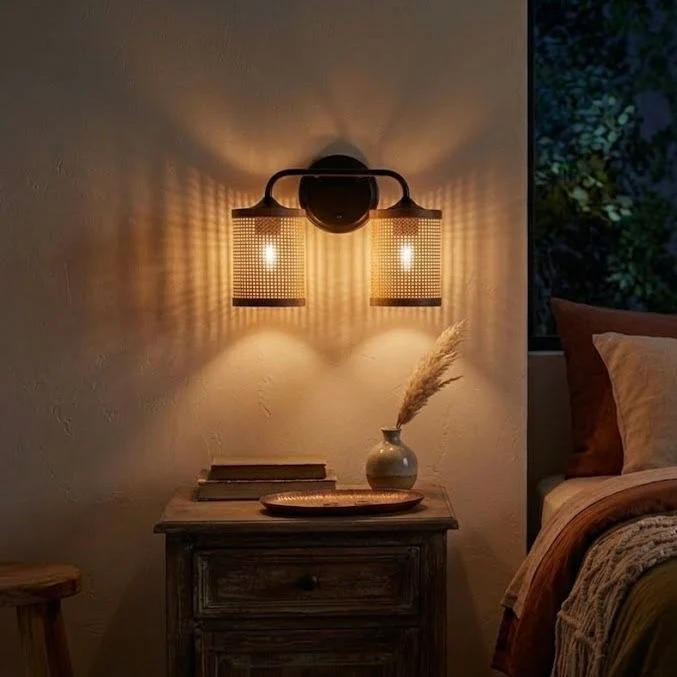 Quell - Double Light Vanity With Natural Shade Wall Lamp - Black / Rattan - Image 3