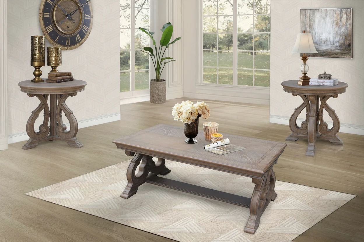 Reclaimed Grey Oak Scroll-Base 3-Piece Coffee Table Set