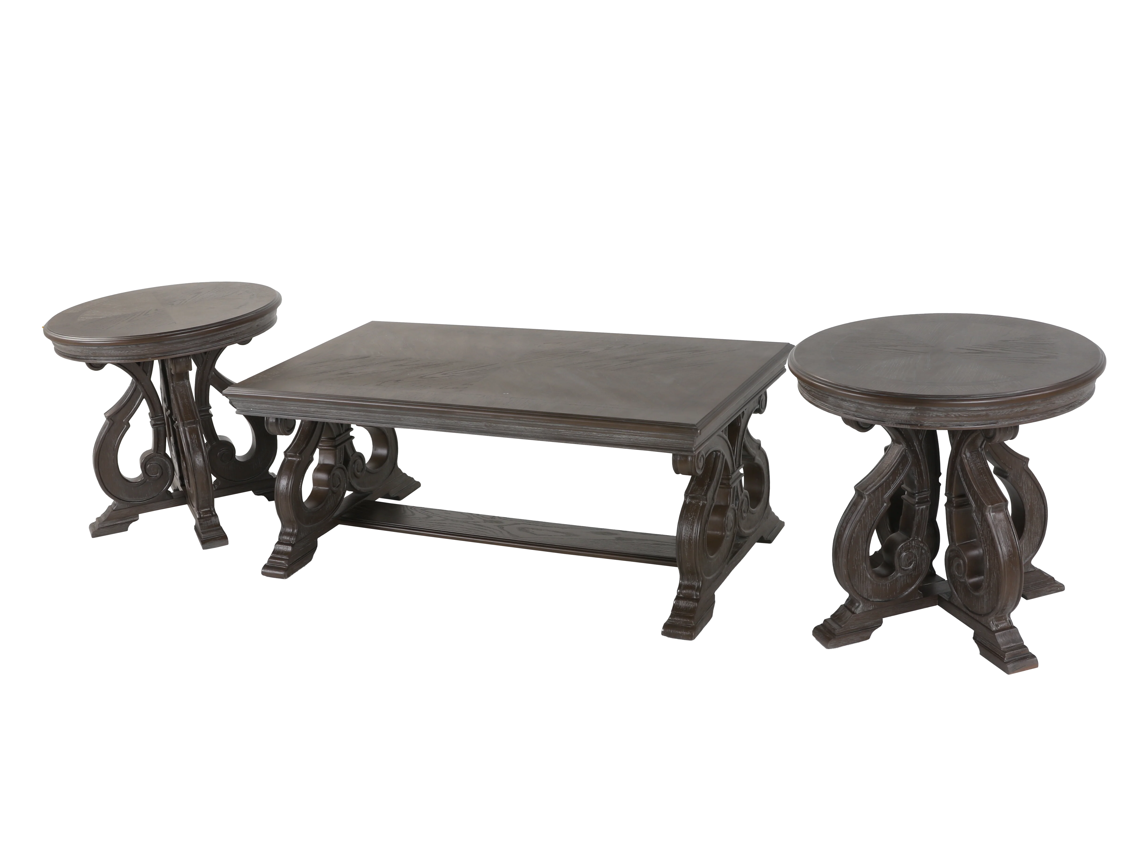 Reclaimed Grey Oak Scroll-Base 3-Piece Coffee Table Set - Image 2