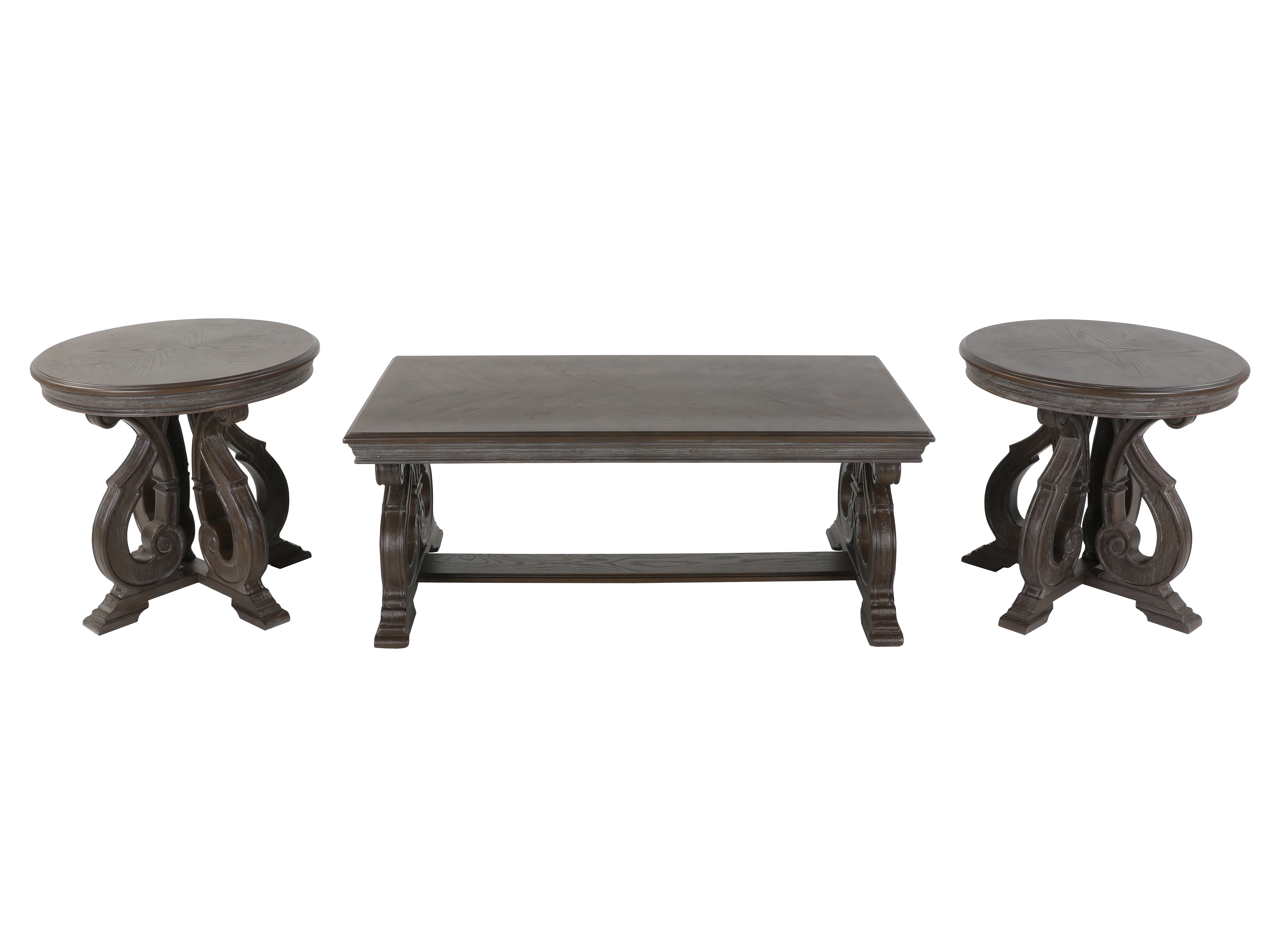 Reclaimed Grey Oak Scroll-Base 3-Piece Coffee Table Set - Image 3