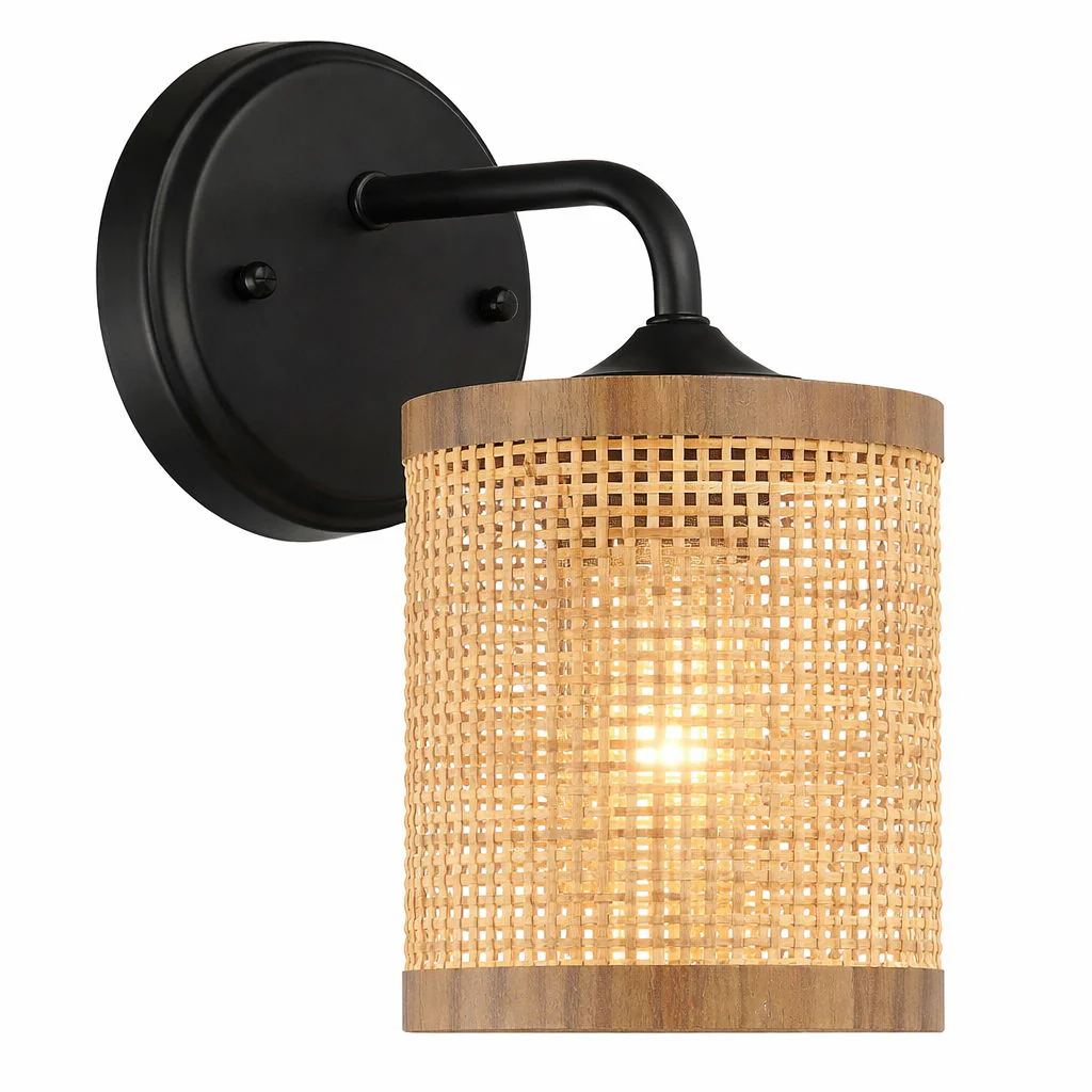Reef - Single Lights Wall Sconce With Natural Shade Rustic Wicker Wall Light - Black / Rattan - Image 5