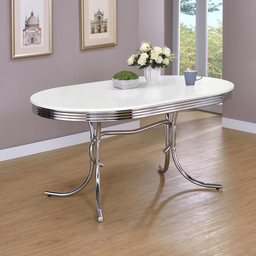 Retro - Oval Wood Top Dining Table - White And Chrome - Image 2