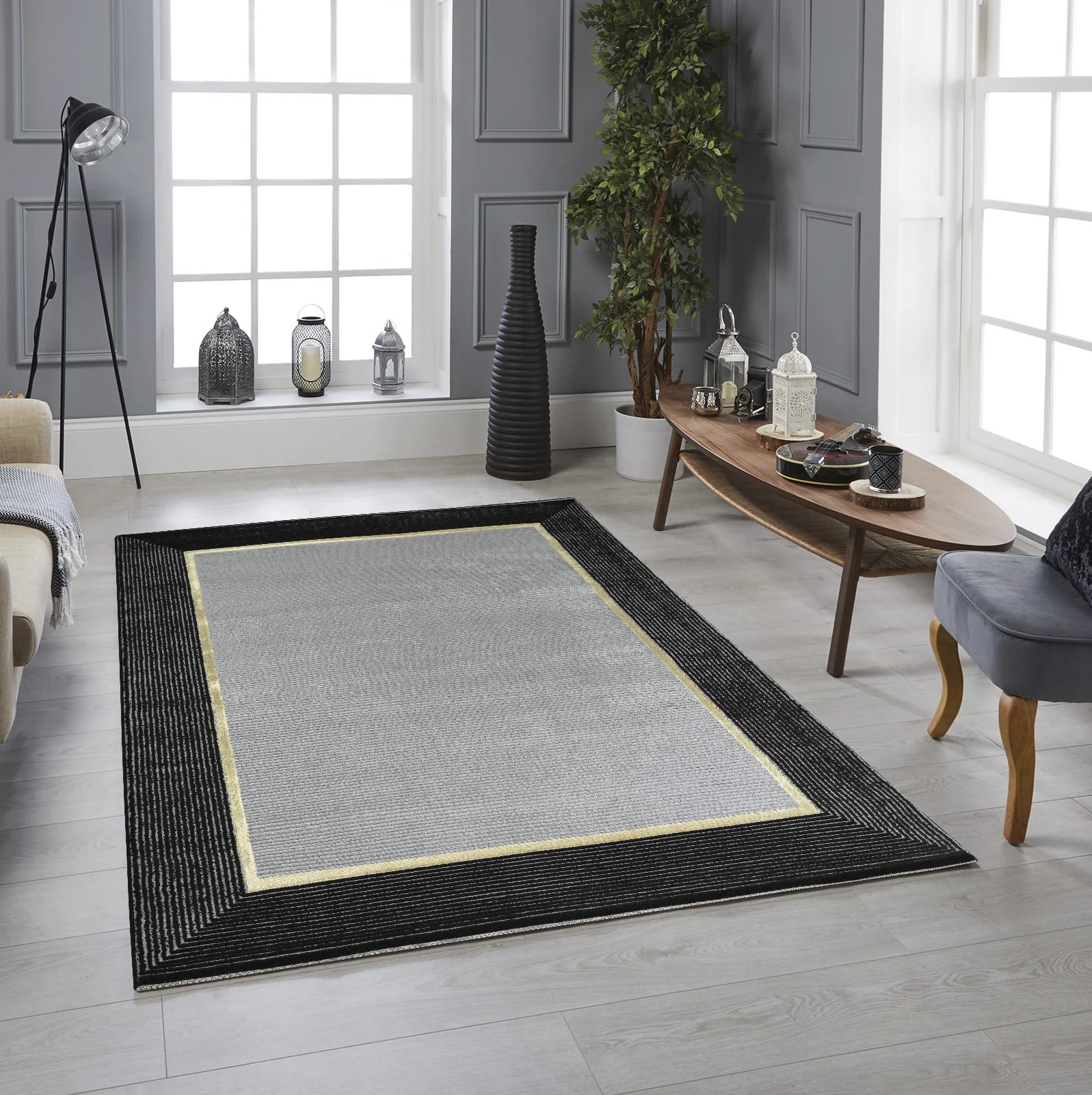 .Ashen Gray Rug with Black & Gold Border – 6' 6" x 9' 0" - Image 2