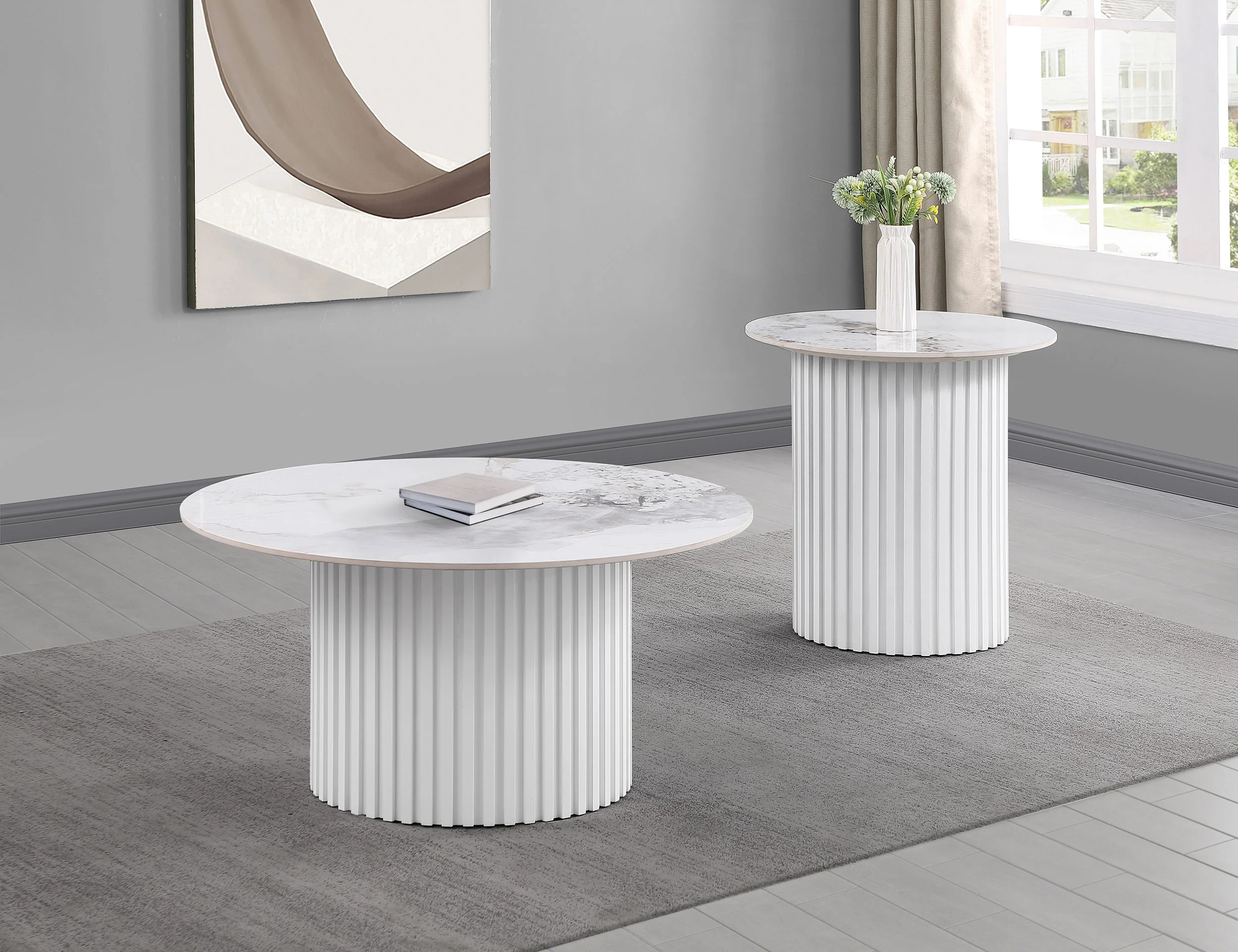 Rowena Round Sintered Stone End Table White Faux Marble - Image 5