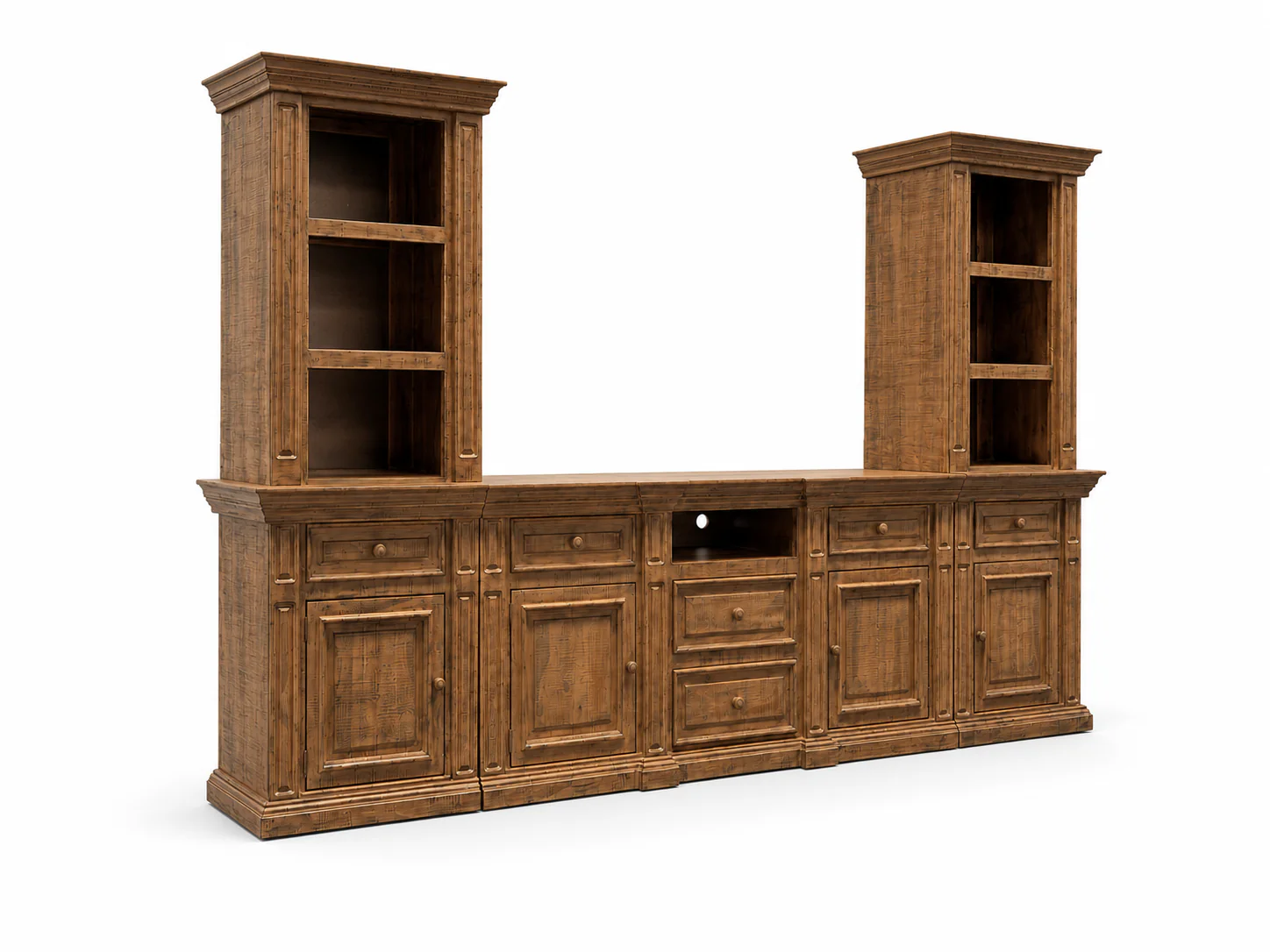 Rustic Brown 3-Piece Entertainment Wall Unit with Bookcase Piers & Storage Console - Image 6