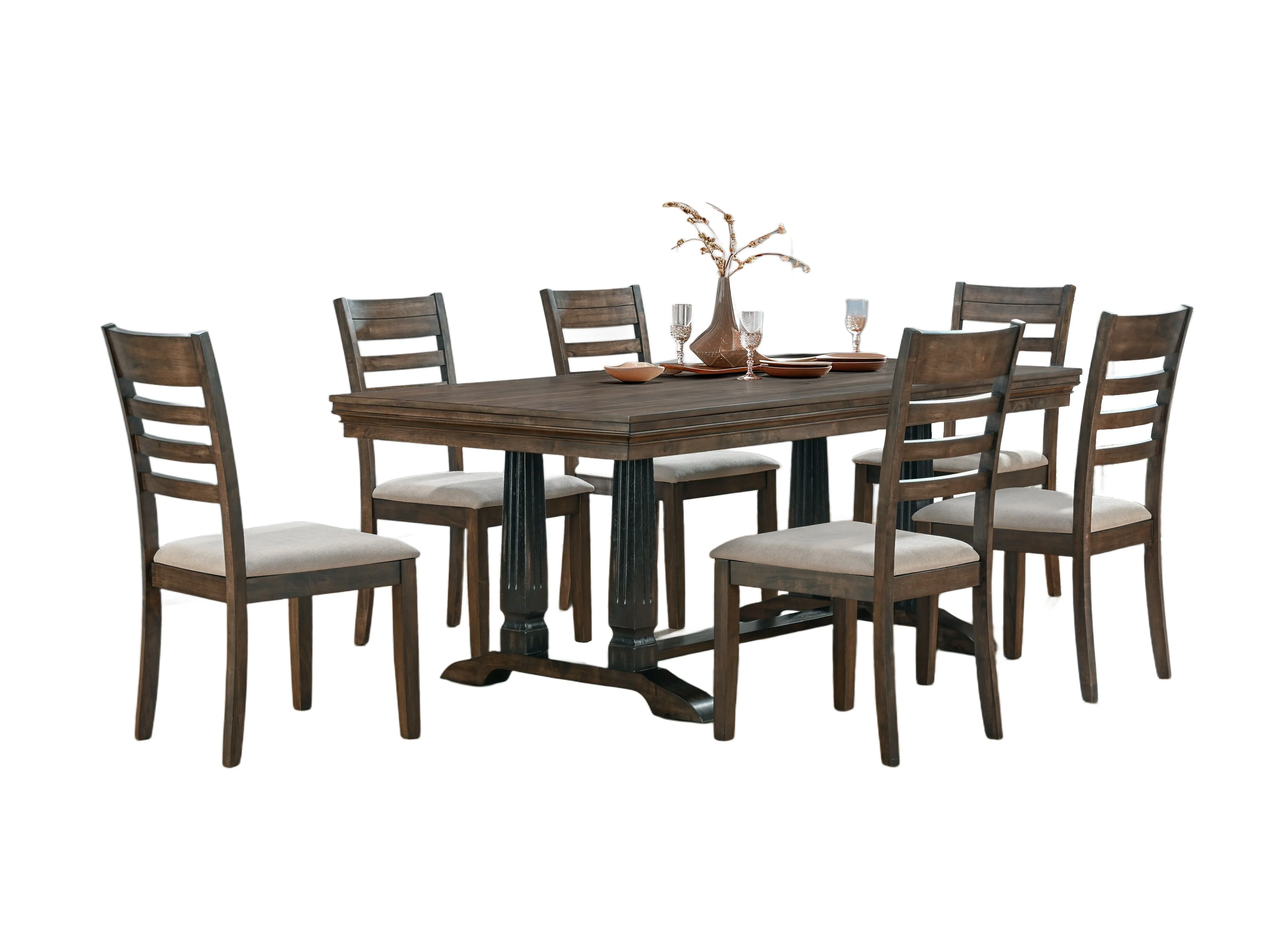 Rustic Brown 7-Piece Dining Room Set with Latte Upholstered Chairs - Image 2