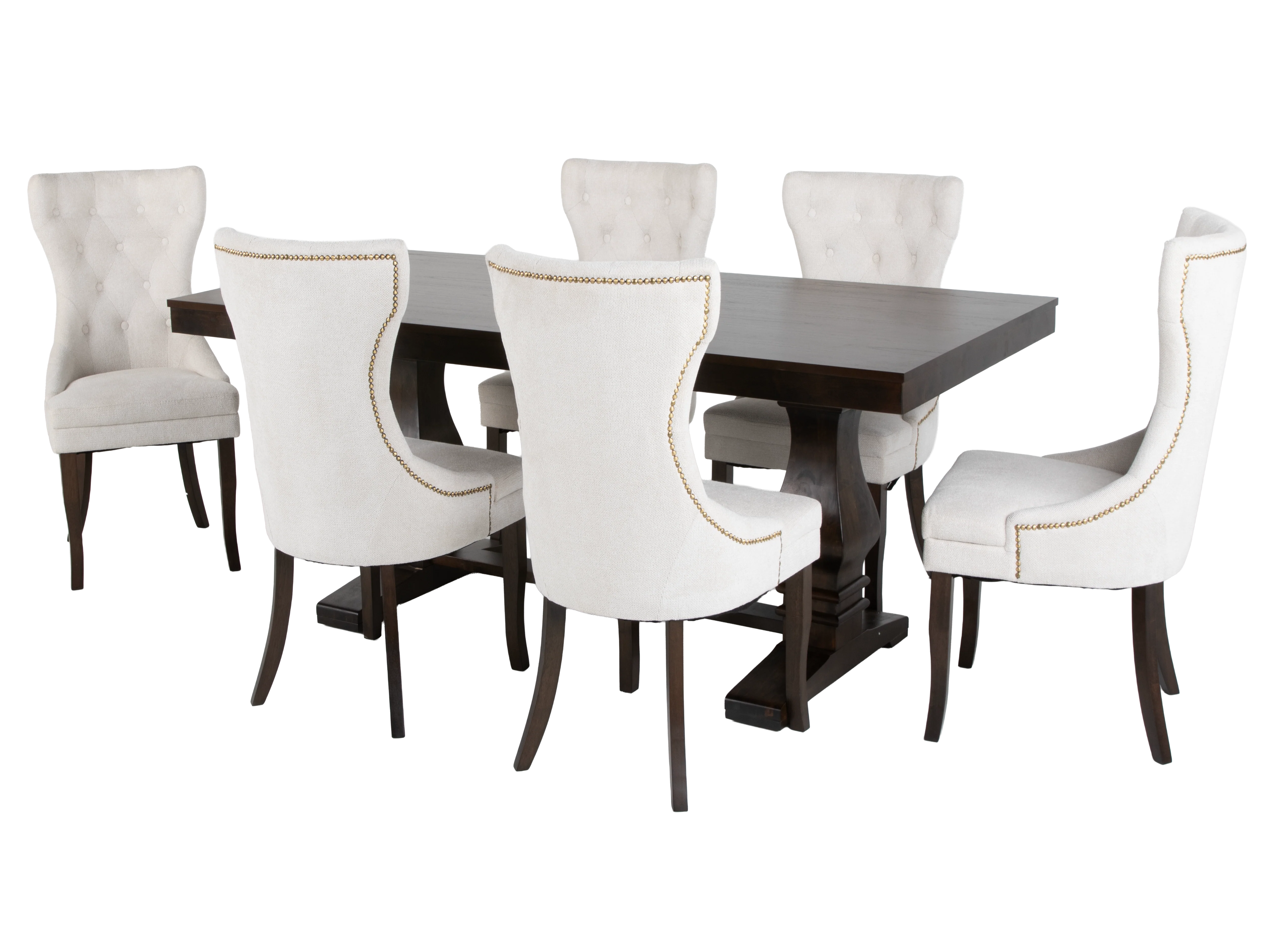 78" Rustic Brown 7-Piece Trestle Dining Set with Tufted Pearl Chairs - Image 2