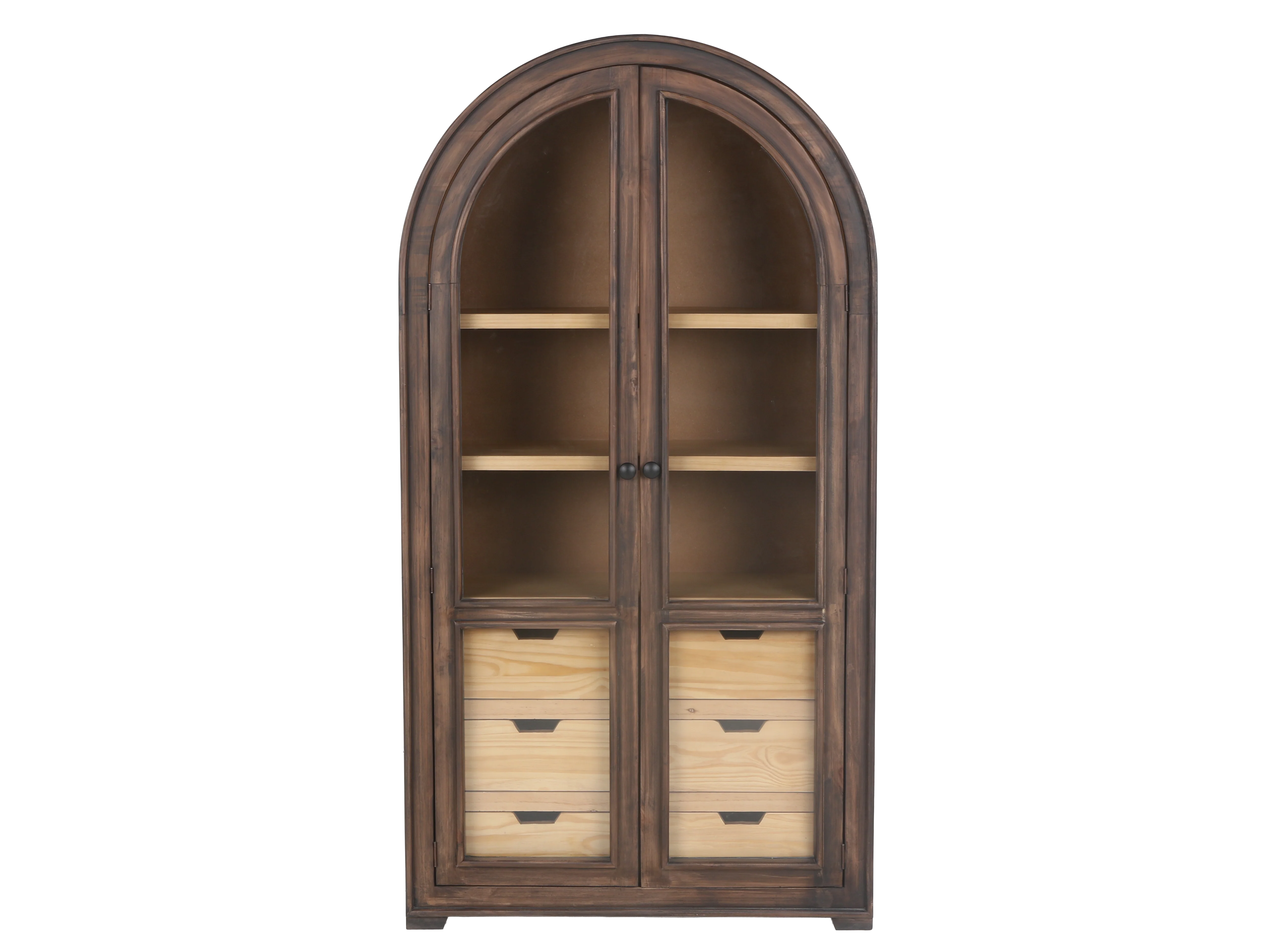 Rustic Brown Arched Glass Door Curio Cabinet with 6 Drawers - Image 3