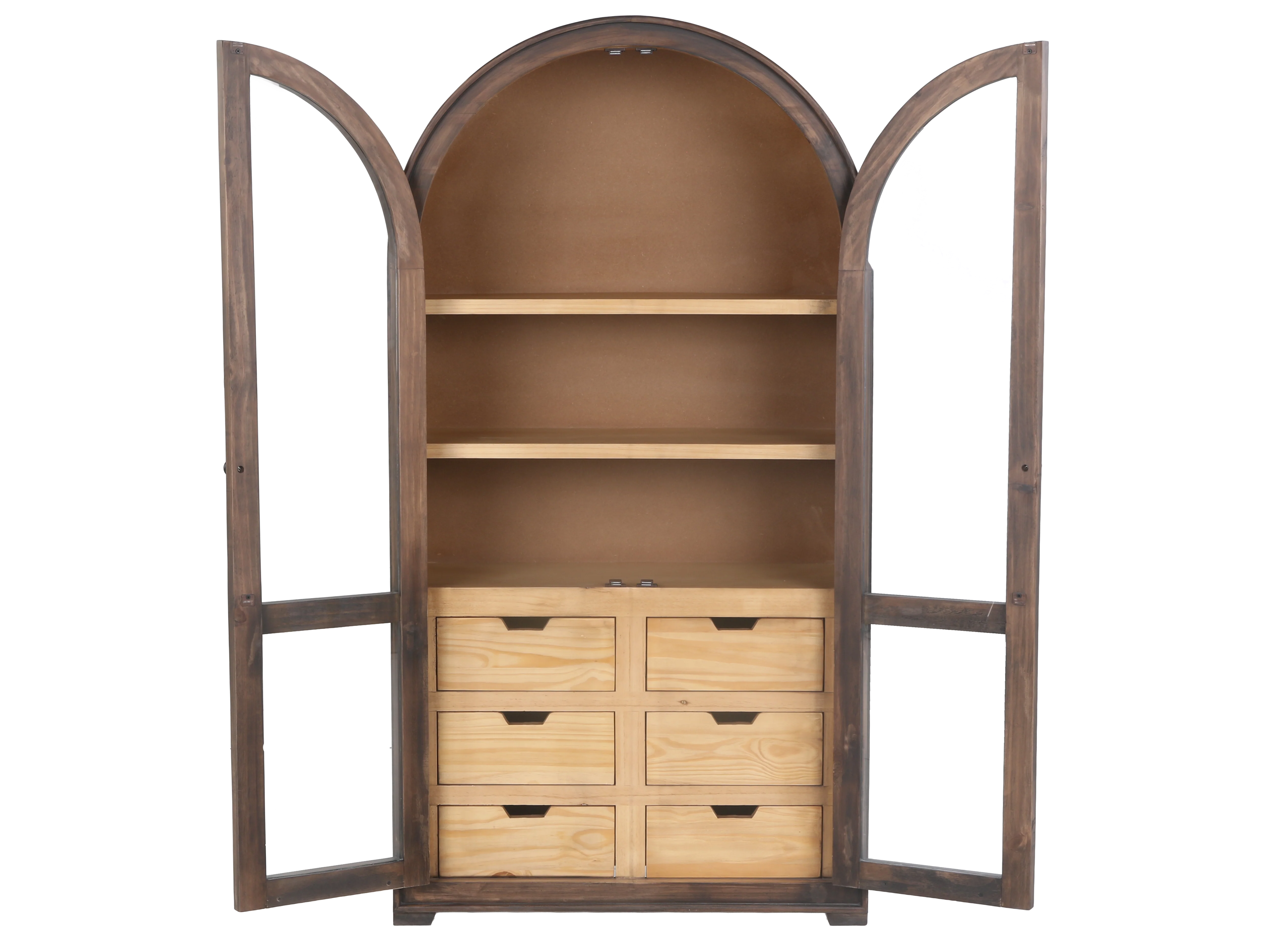 Rustic Brown Arched Glass Door Curio Cabinet with 6 Drawers - Image 4
