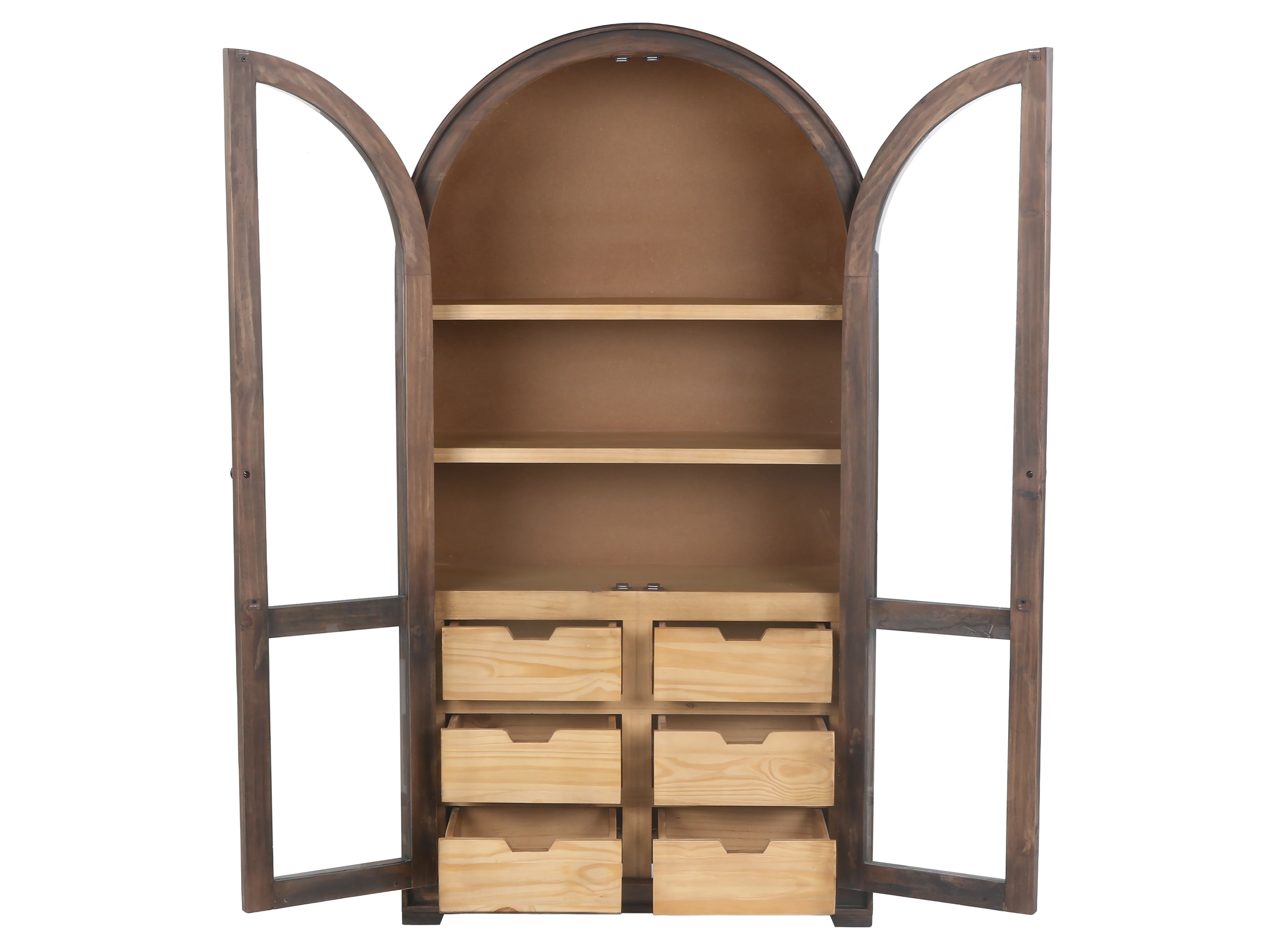 Rustic Brown Arched Glass Door Curio Cabinet with 6 Drawers - Image 5