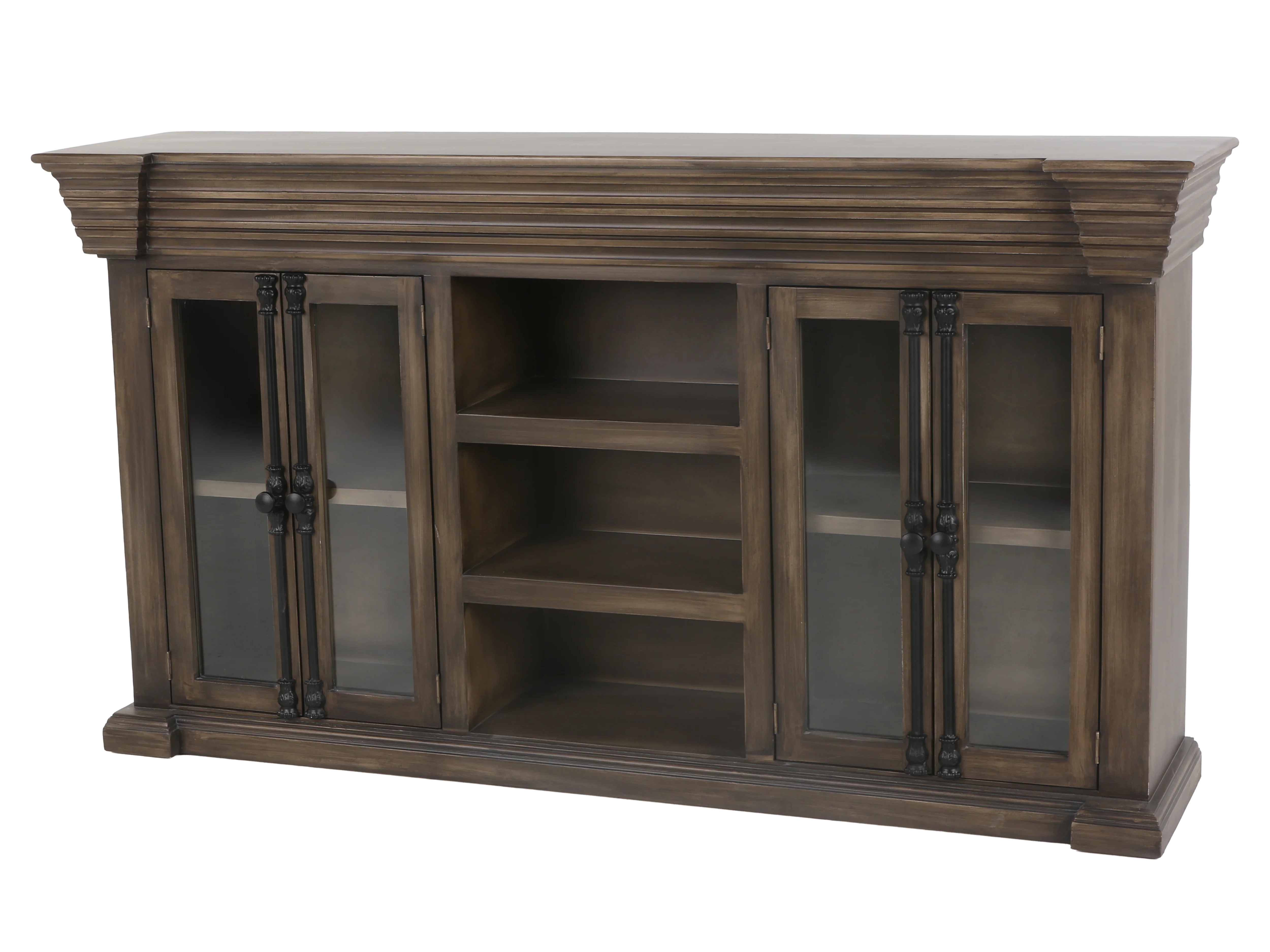 Rustic Brown Glass Door TV Console with Center Shelving