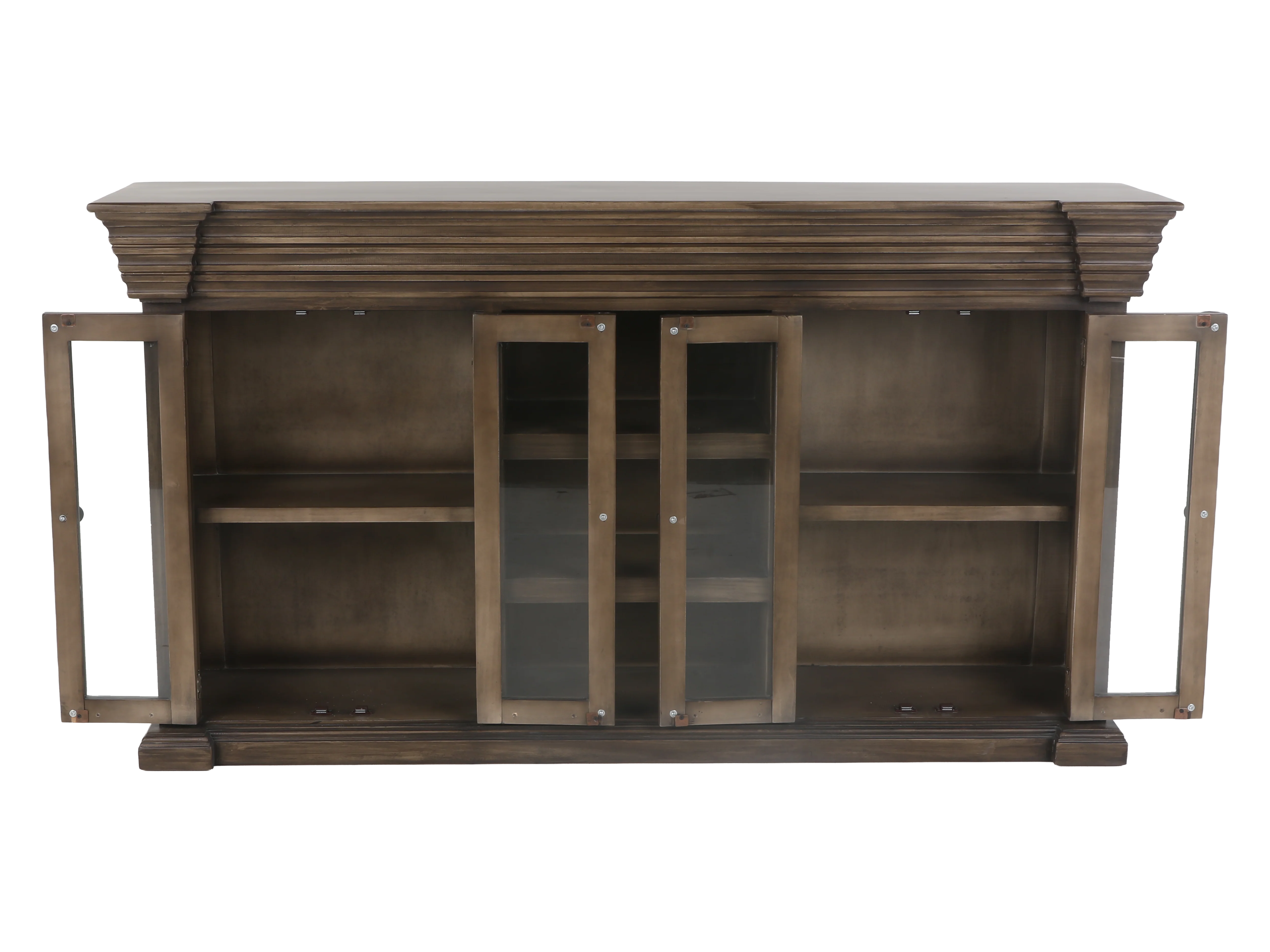 Rustic Brown Glass Door TV Console with Center Shelving - Image 3