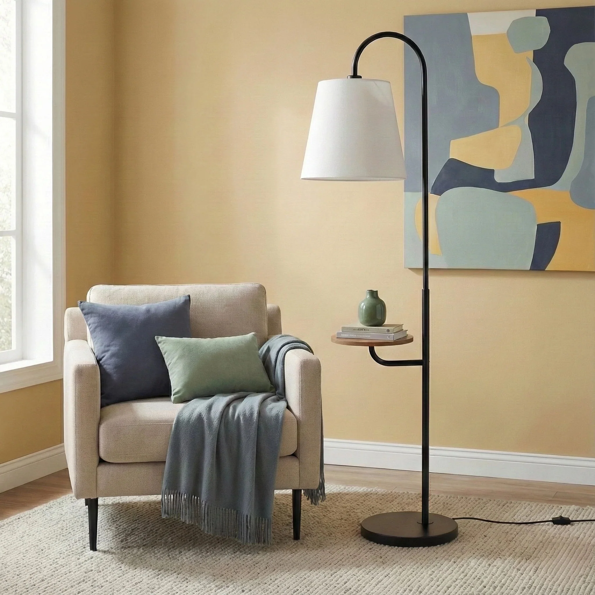 Seoul - Floor Lamp With Rotary Switch Wood Table Base - Black / White - Image 6