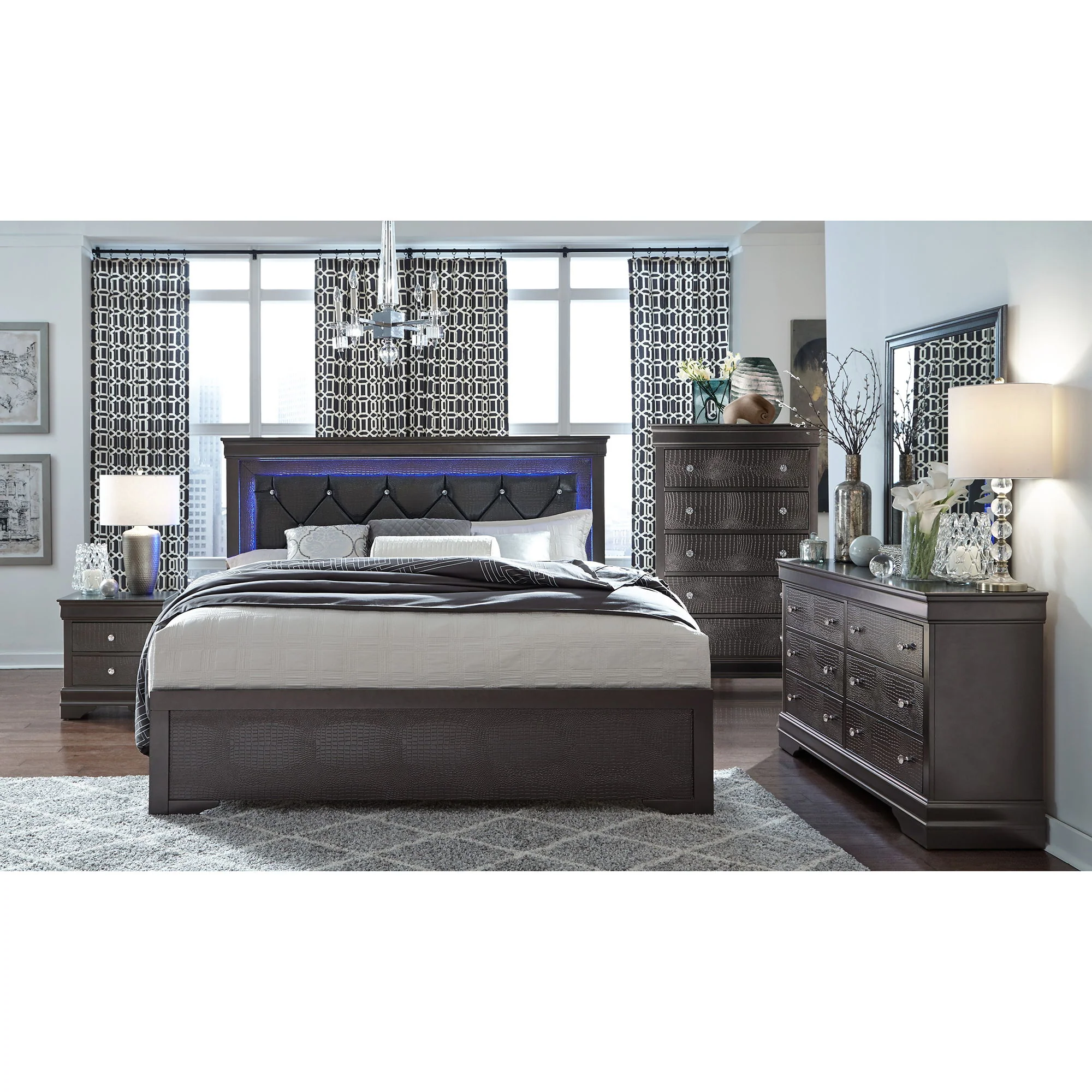 Shaker - 5 Pieces Bedroom Set With Crystal Inspired Tufted Headboard And LED Lighting - Image 11