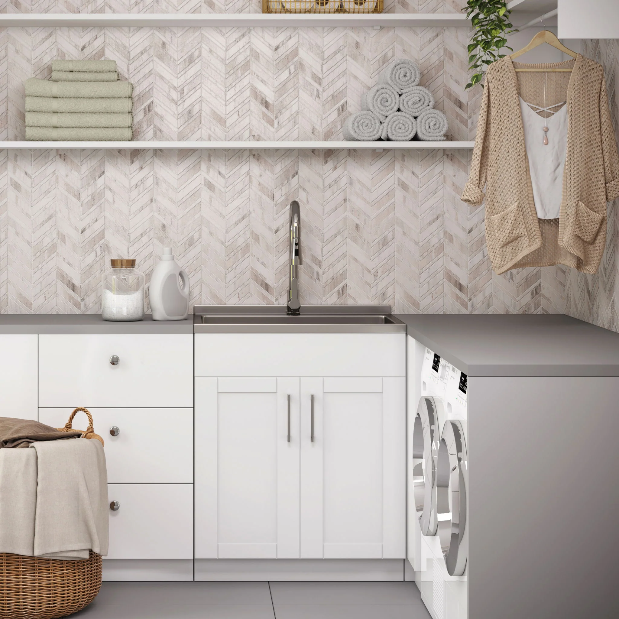Shaker - Modern Wide, Laundry Cabinet With Faucet And Stainless Steel Sink - Image 17