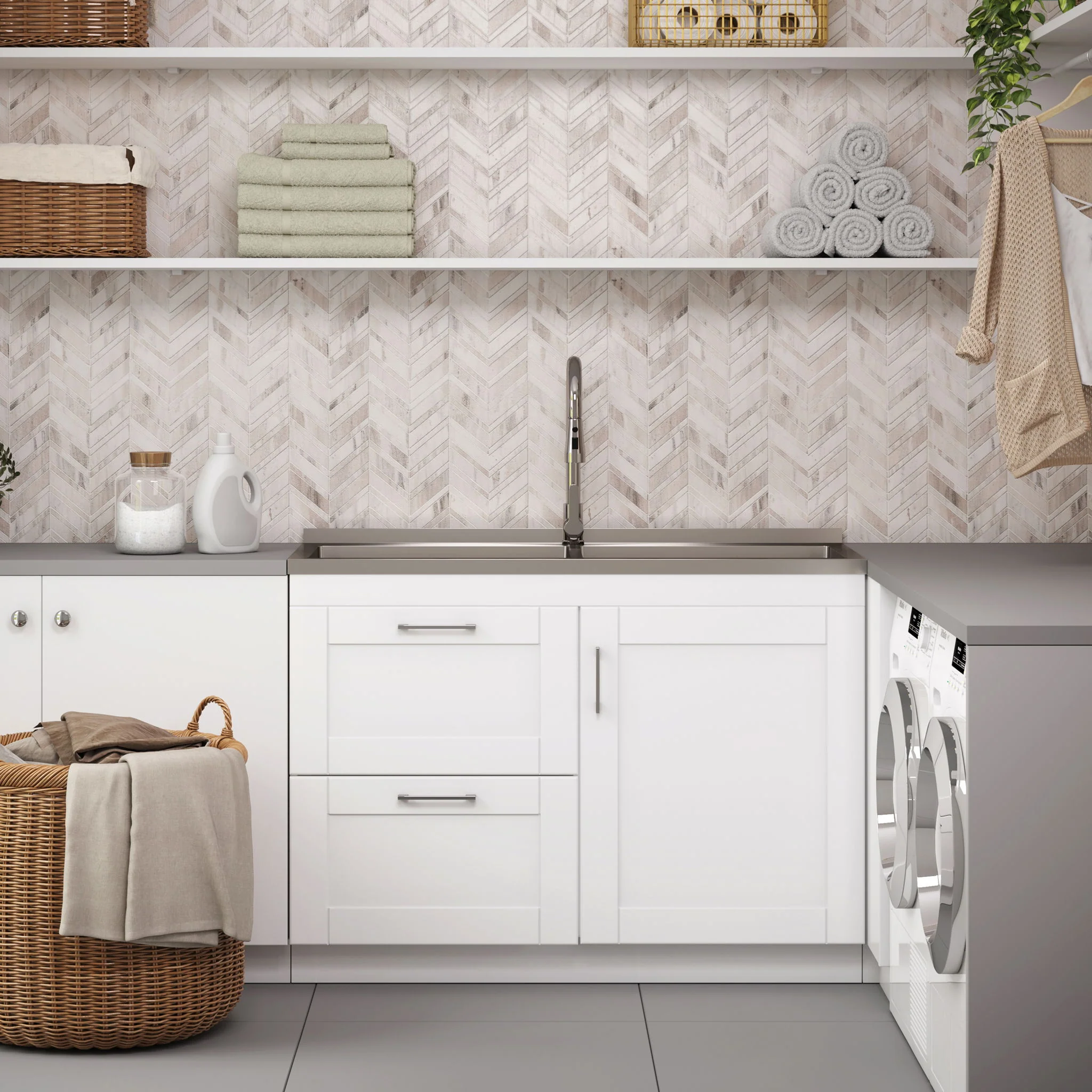 Shaker - Modern Wide Laundry Cabinet With Faucet And Sink - White - Image 3
