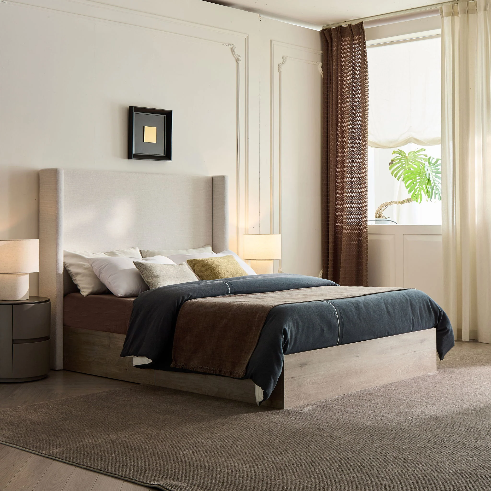 Shelton - Queen Upholstered Wingback Bed With 54" High Headboard - Ivory / Light Gray / Camel Oak - Image 10