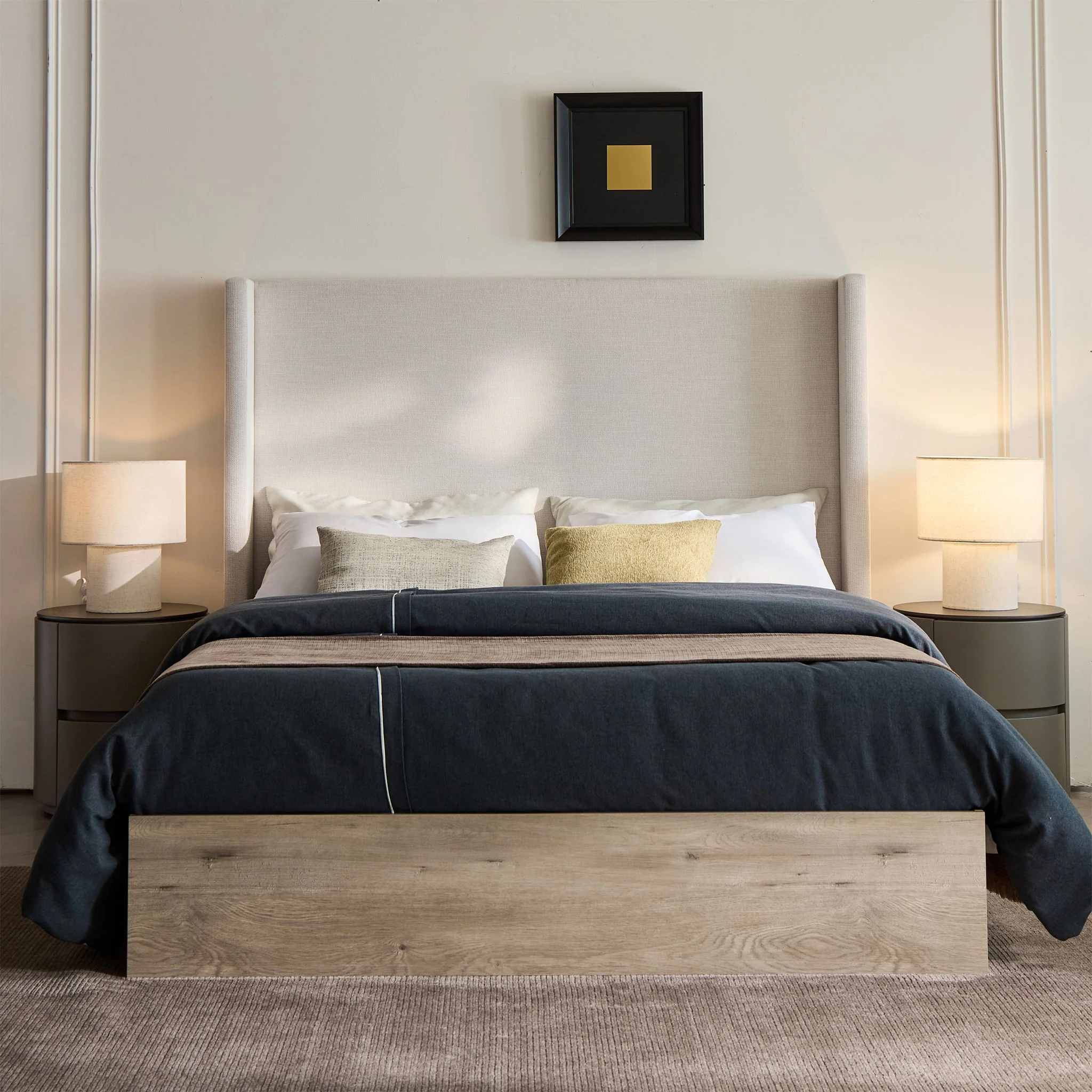 Shelton - Queen Upholstered Wingback Bed With 54" High Headboard - Ivory / Light Gray / Camel Oak - Image 14
