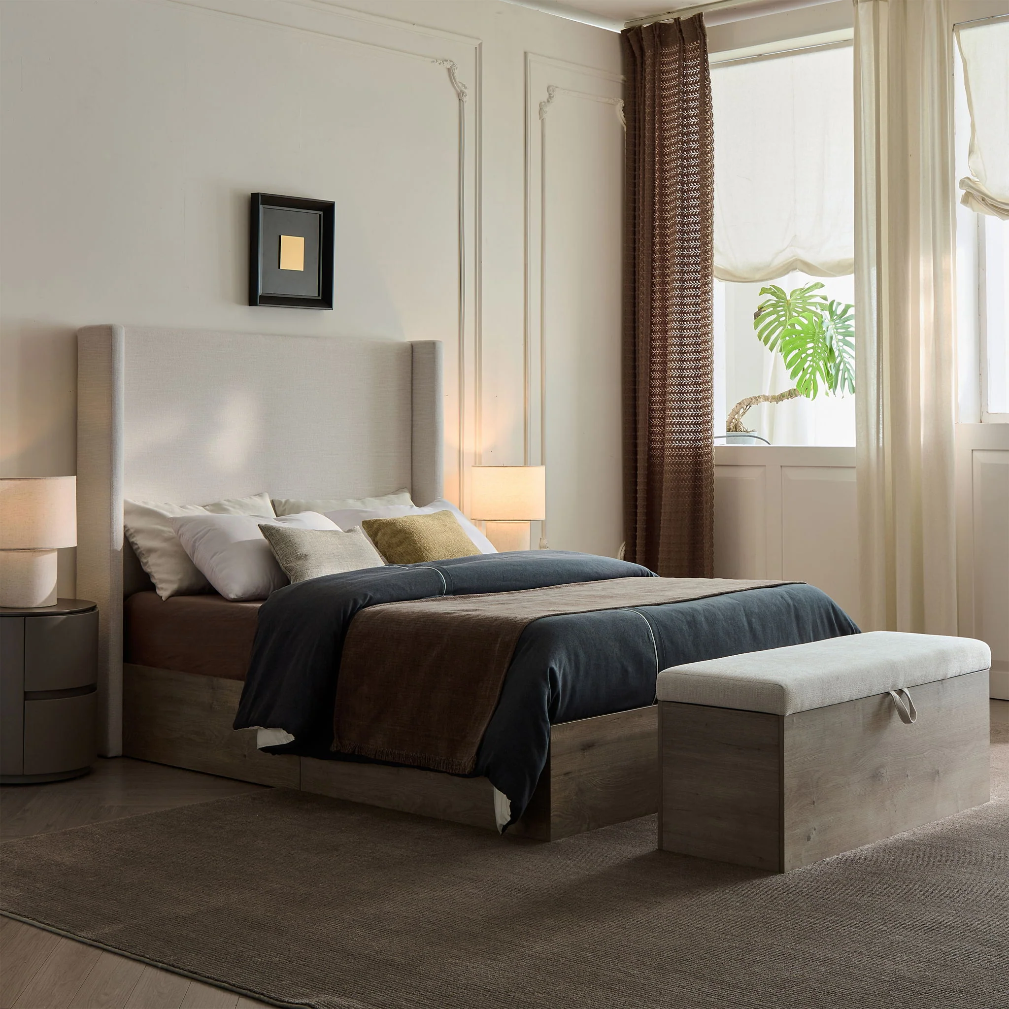 Shelton - Queen Upholstered Wingback Bed With 54" High Headboard - Ivory / Light Gray / Camel Oak - Image 5