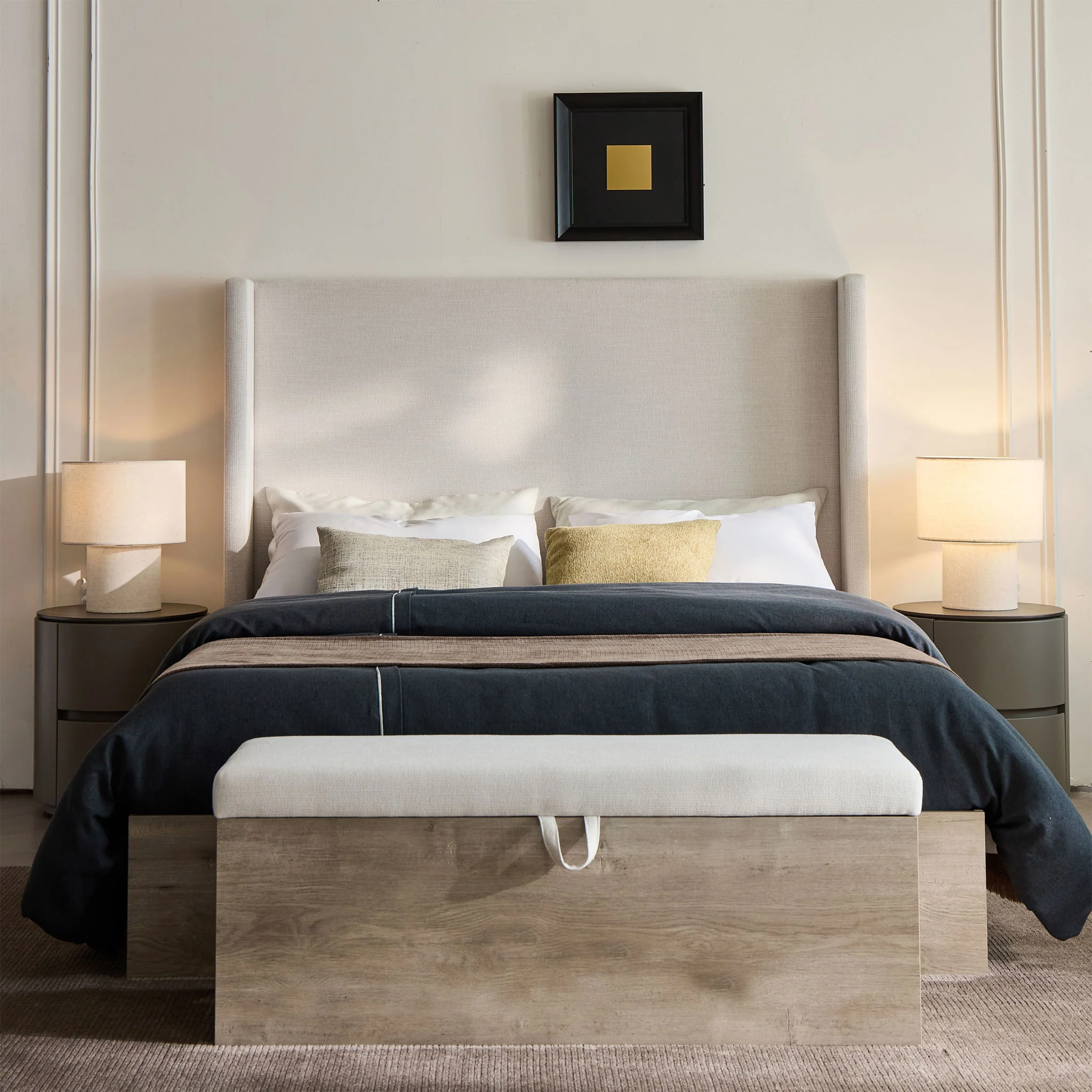 Shelton - Queen Upholstered Wingback Bed With 54" High Headboard - Ivory / Light Gray / Camel Oak - Image 8