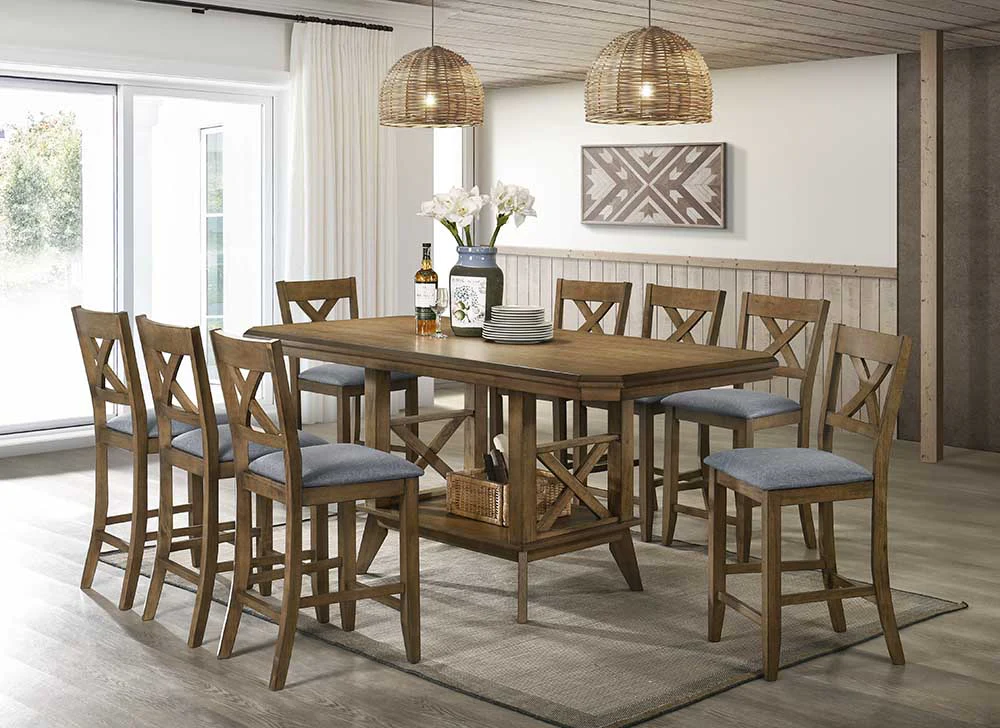 Sierra Oak 9-Piece Counter-Height Dining Set with Storage Table & Upholstered X-Back Stools