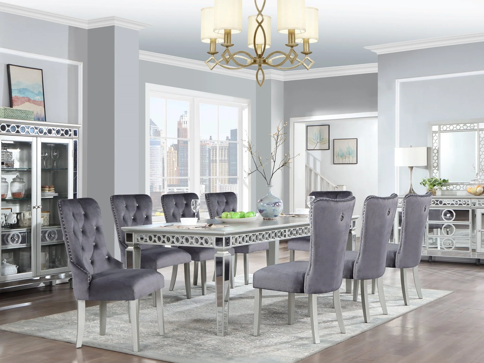 Silver Glam Extendable 7 Piece Dining Room Set with Grey Velvet Tufted Chairs - Image 9