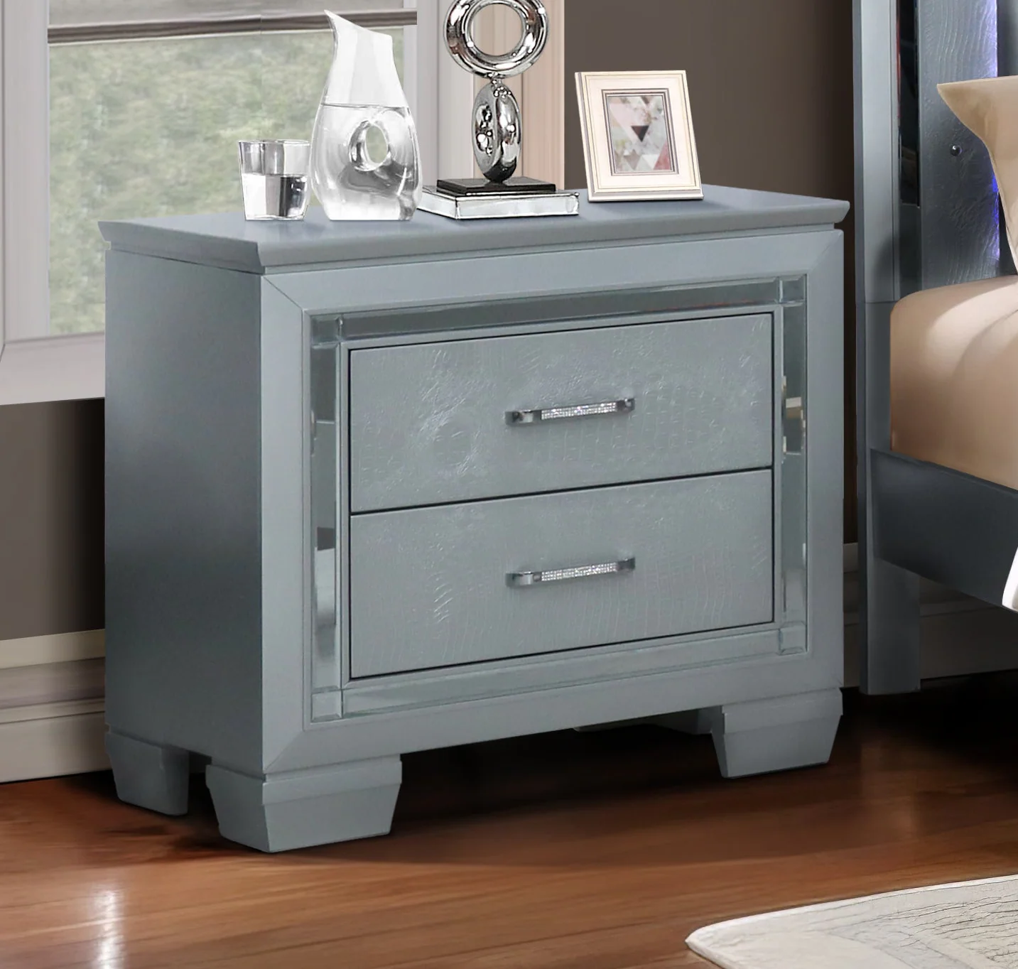 Silver Glam USB Nightstand with Crocodile-Texture Drawer Fronts