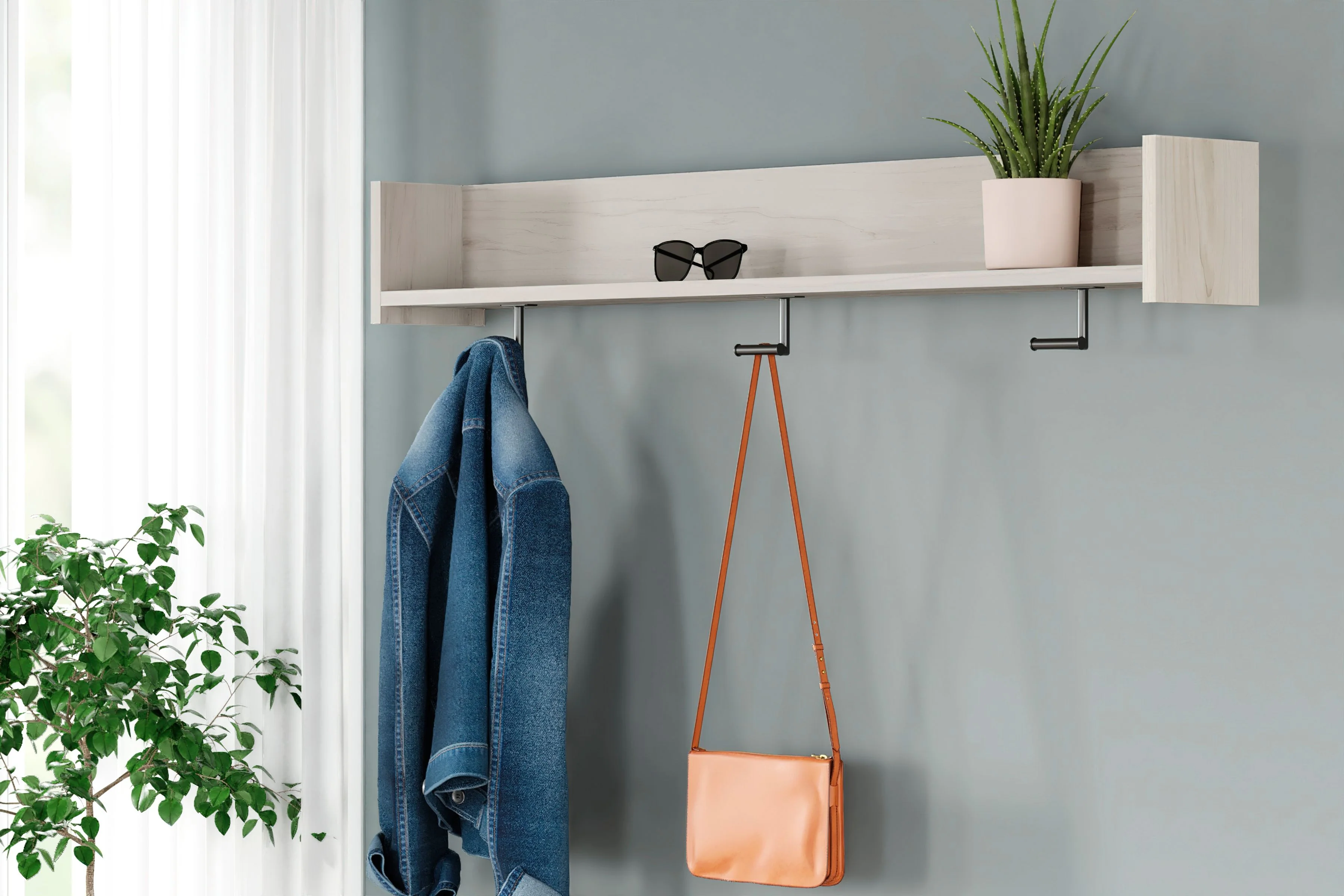 Socalle - Wall Mounted Coat Rack w/Shelf - Light Natural - Image 2