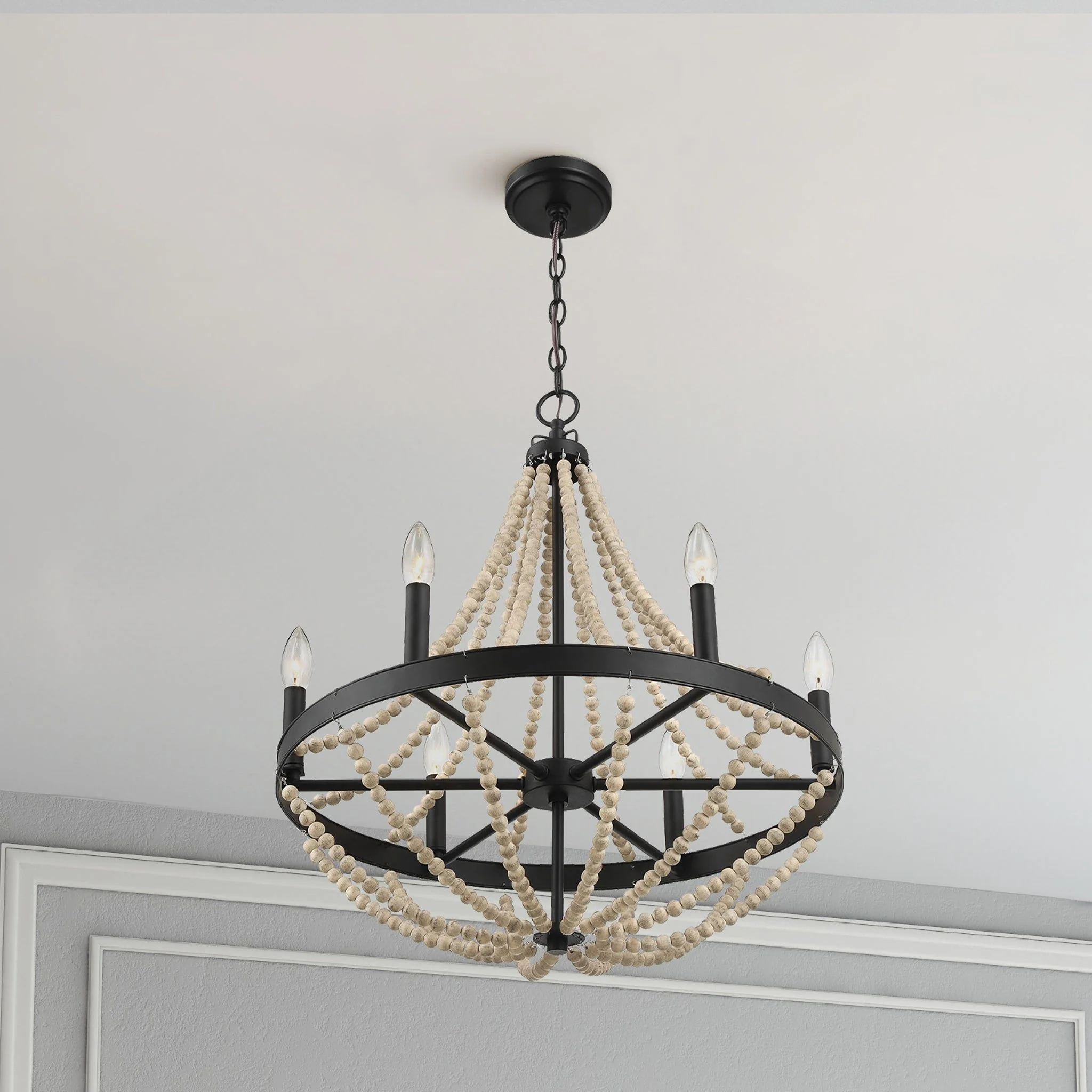 Starry - Chandelier 6 Candle Light Wood Beaded Pendant Light For Dining Room - Black / Clear - Image 5