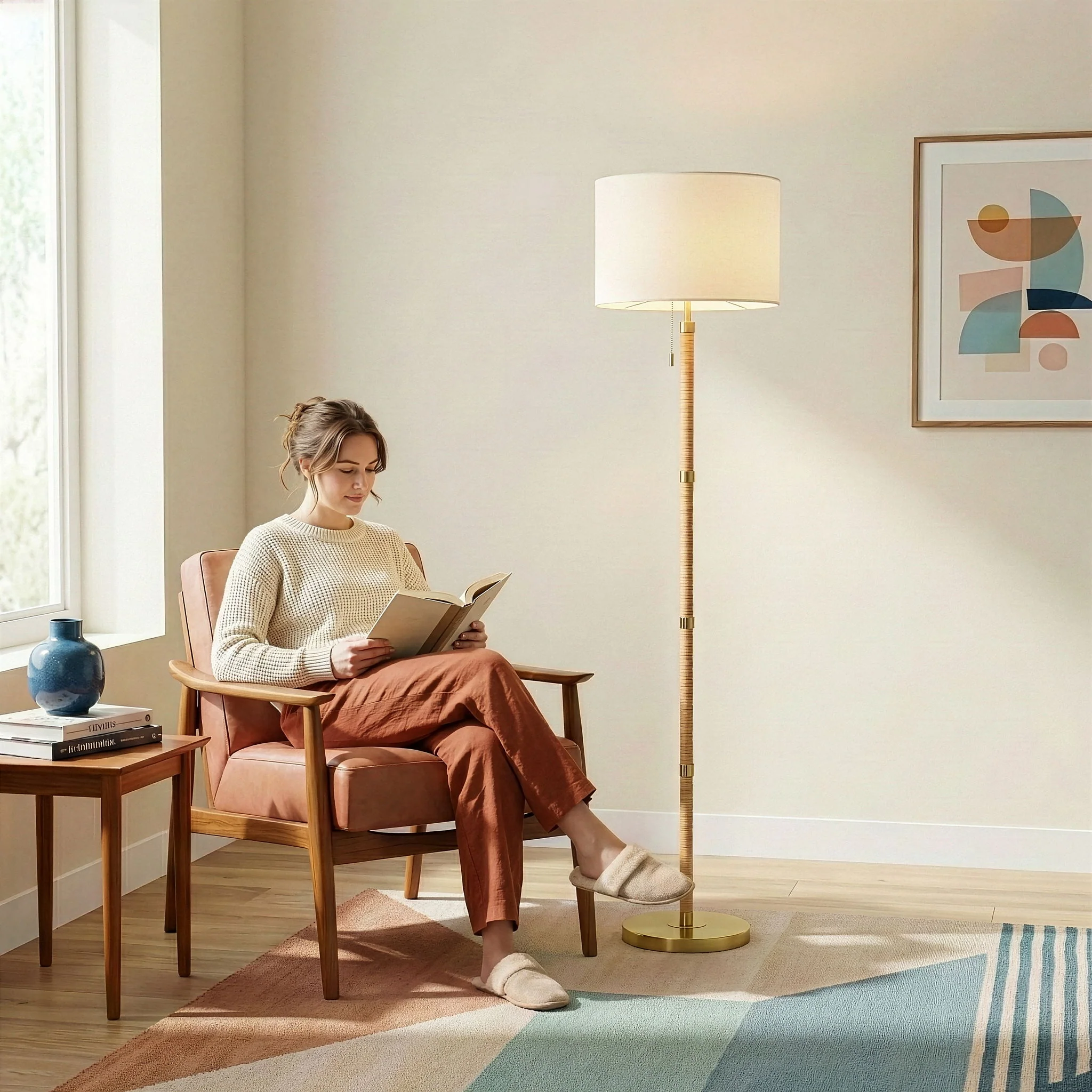 Stellar - Linen Shade Floor Lamp - Gold / Natural Wood / Rattan / White - Image 3