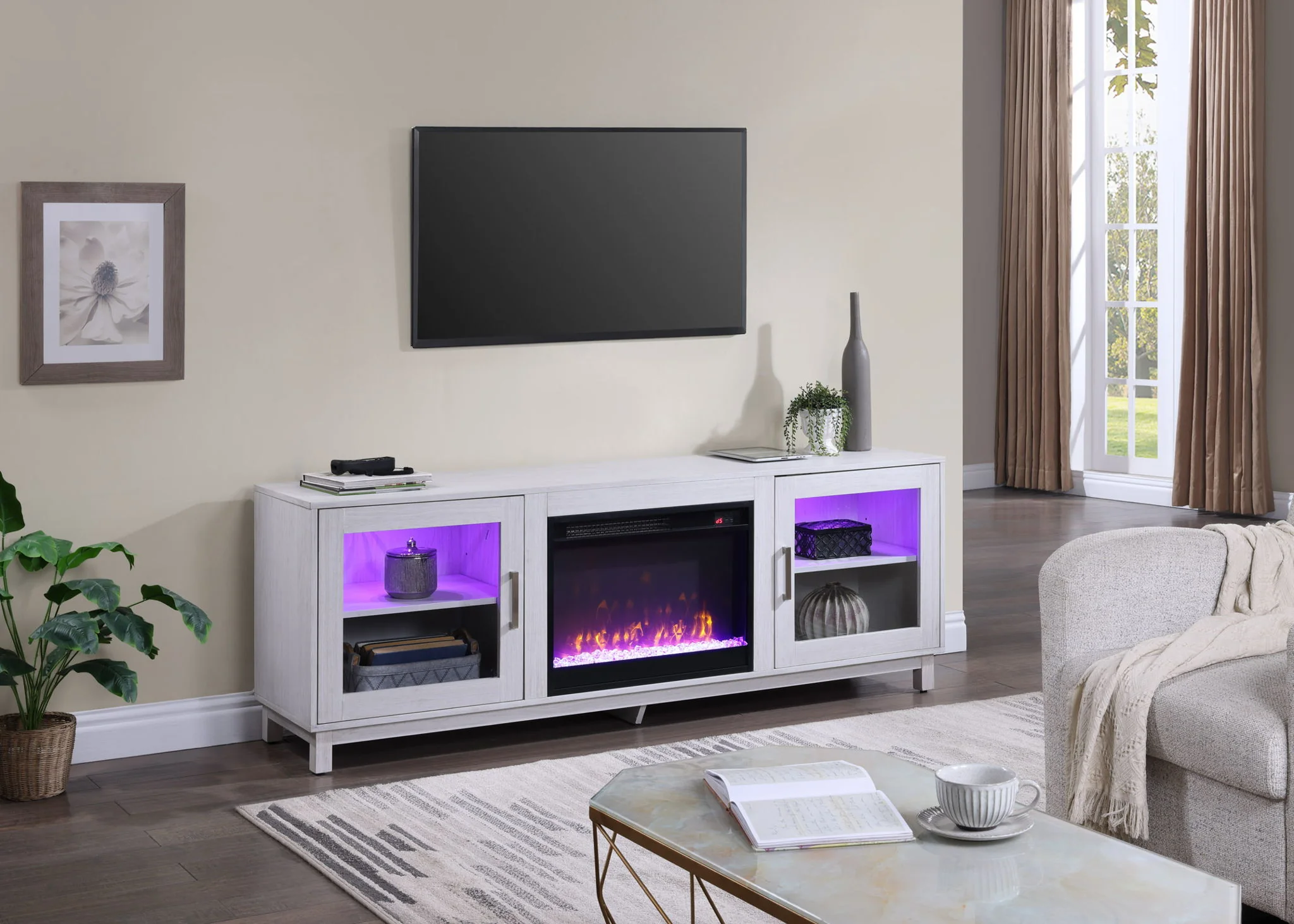 Summit - TV Stand Console With Fireplace - White Walnut Finish - Image 9