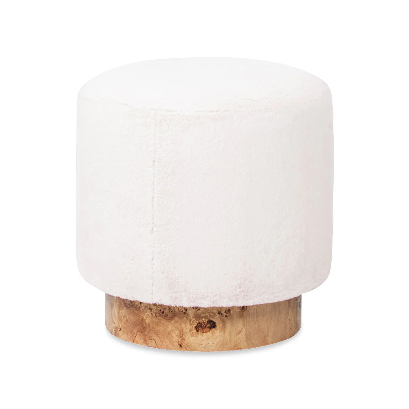 Tilly - Round Fur Upholstered / Burl Pouf Ottoman - White - Image 3