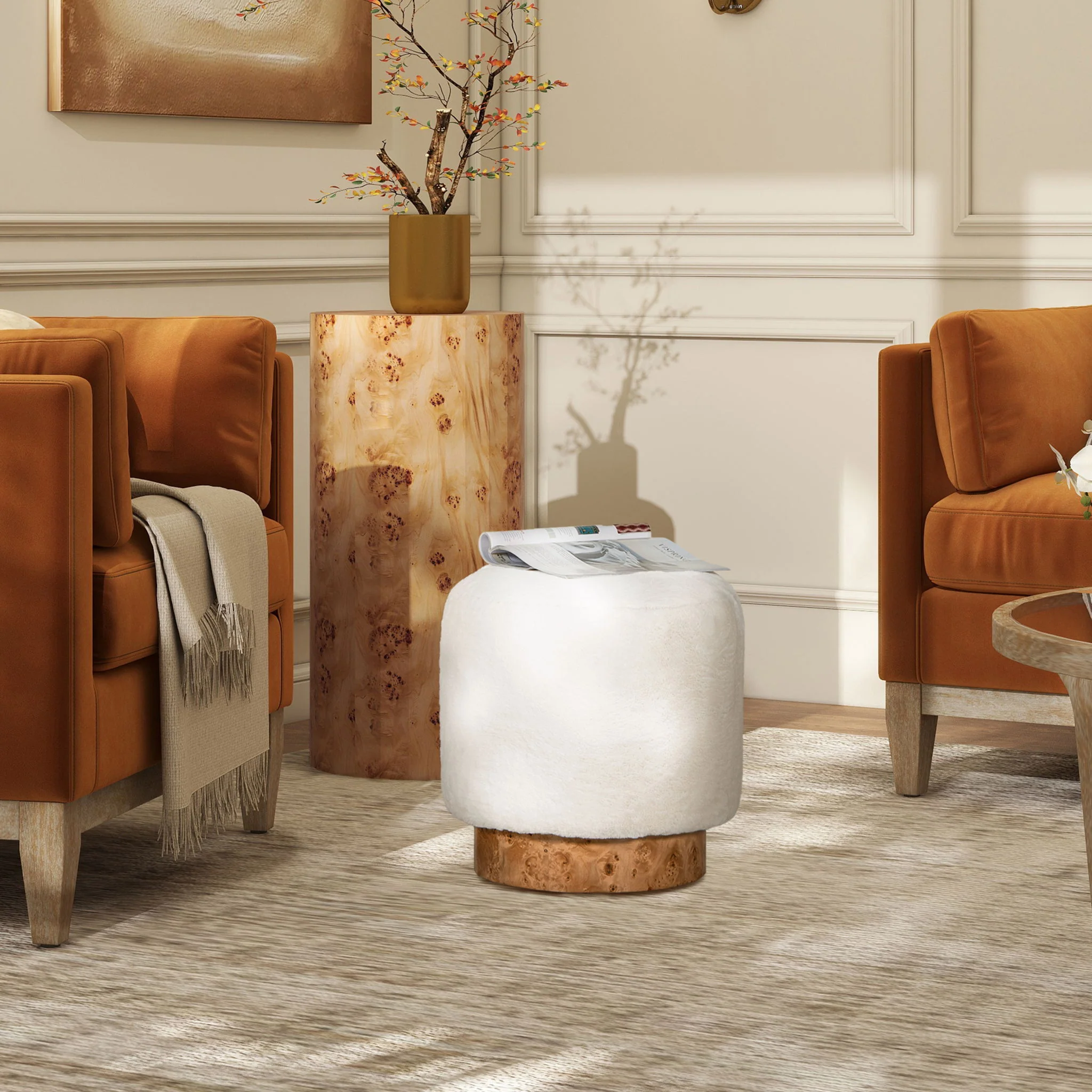 Tilly - Round Fur Upholstered / Burl Pouf Ottoman - White - Image 6