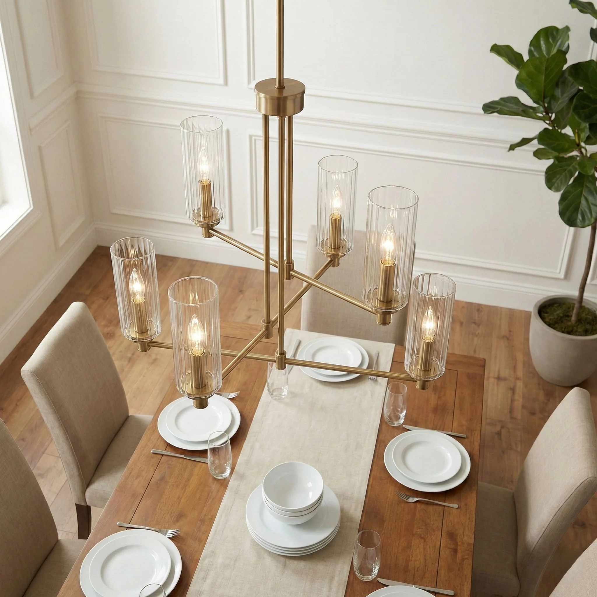 Timeless - 6 Lights Chandelier With Clear Ribbed Satin - Antique Brass / Clear / Gold - Image 3