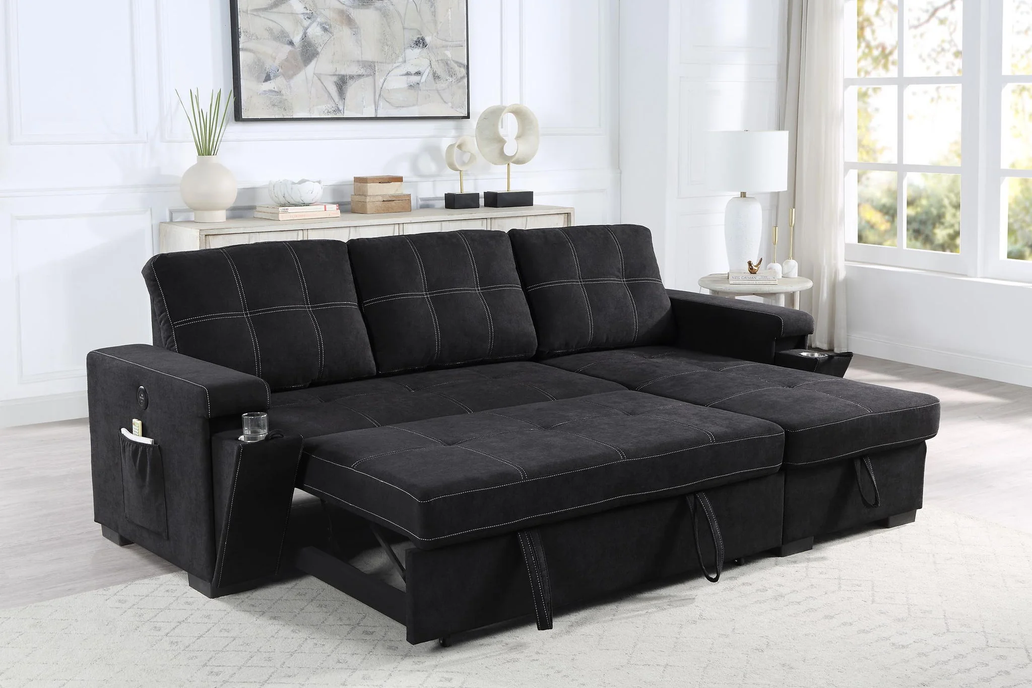 Toby - Woven Fabric Reversible Sleeper Sectional Sofa With Storage Chaise Cup Holder Charging Ports And Pockets - Image 2
