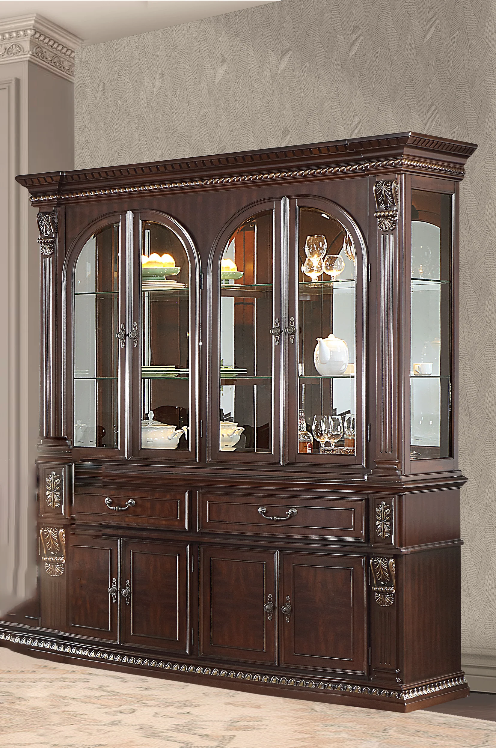 Traditional Dark Cherry Buffet & Hutch China Cabinet - Image 2