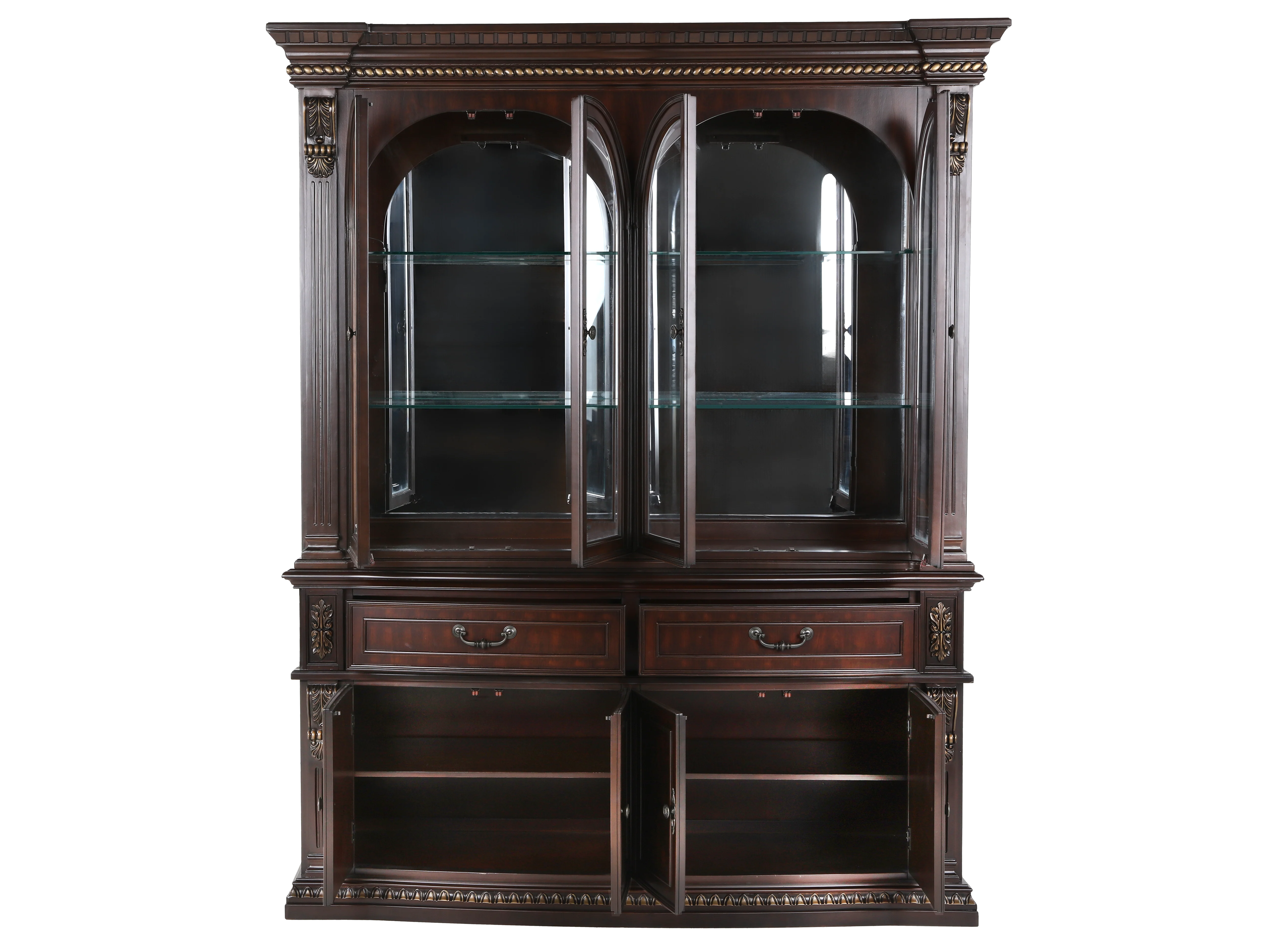 Traditional Dark Cherry Buffet & Hutch China Cabinet - Image 4