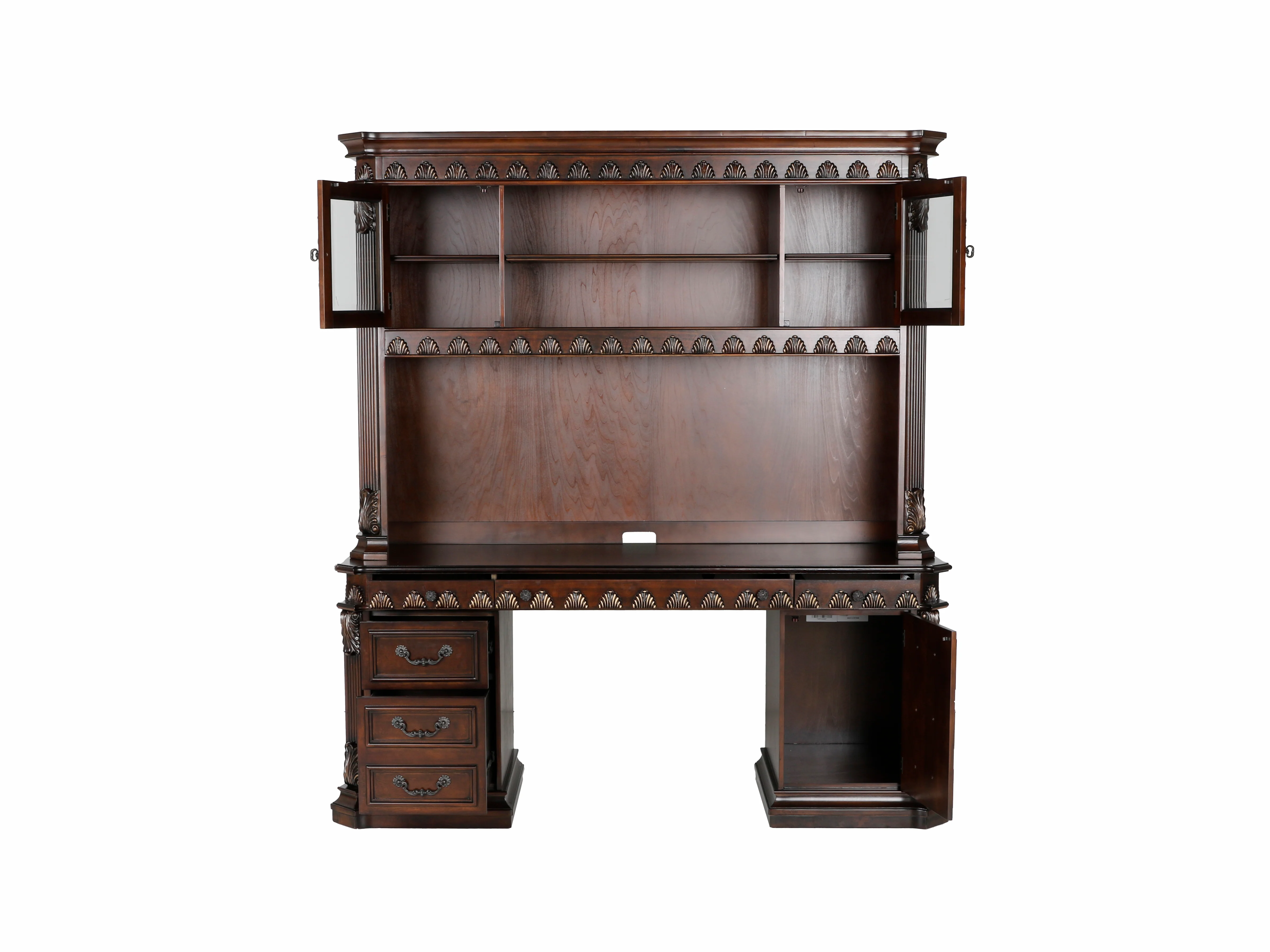 Traditional Executive Desk with Hutch and Glass Door Storage in Dark Brown - Image 2