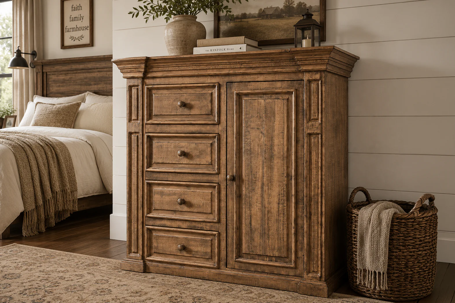 Traditional Rustic Natural Wood Chest with Drawers, Cabinet Door & Carved Panel Design