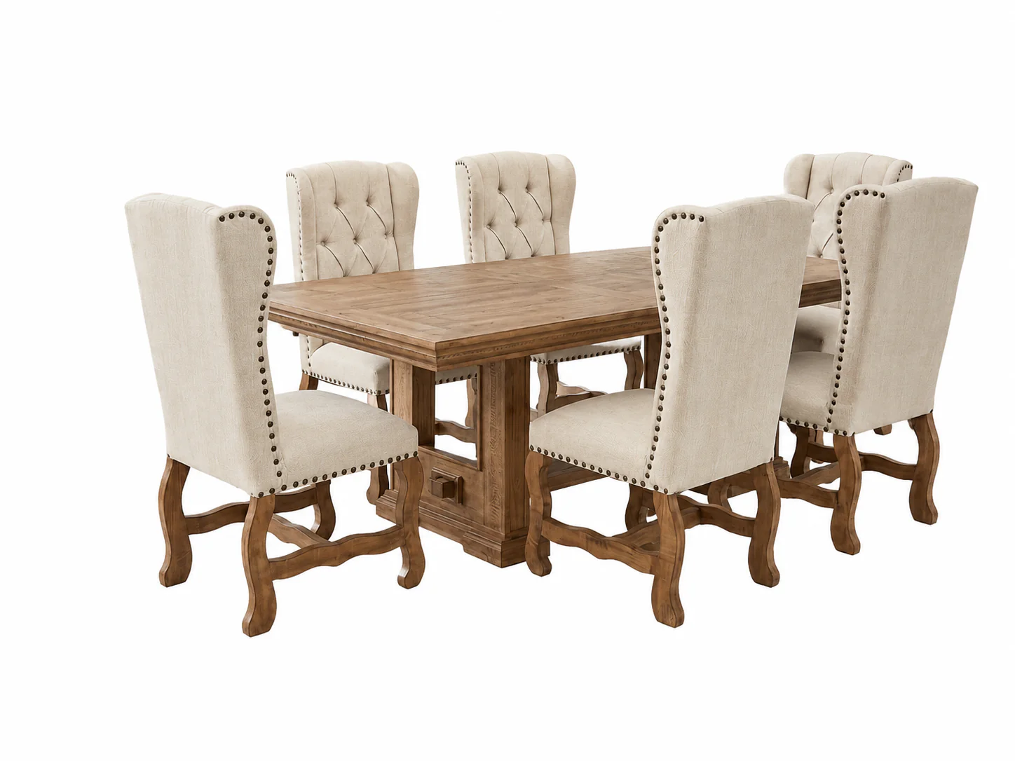 Traditional Rustic Solid Wood 7 Piece Dining Room Set with Beige Tufted Upholstered Chairs, Nailhead Trim & Pedestal Table Design - Image 2