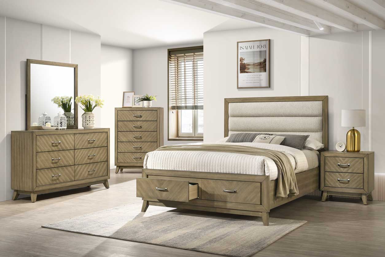 Transitional Antique Gray 6-Piece Bedroom Set with Upholstered Panel Bed, Dresser, Mirror & Nightstand