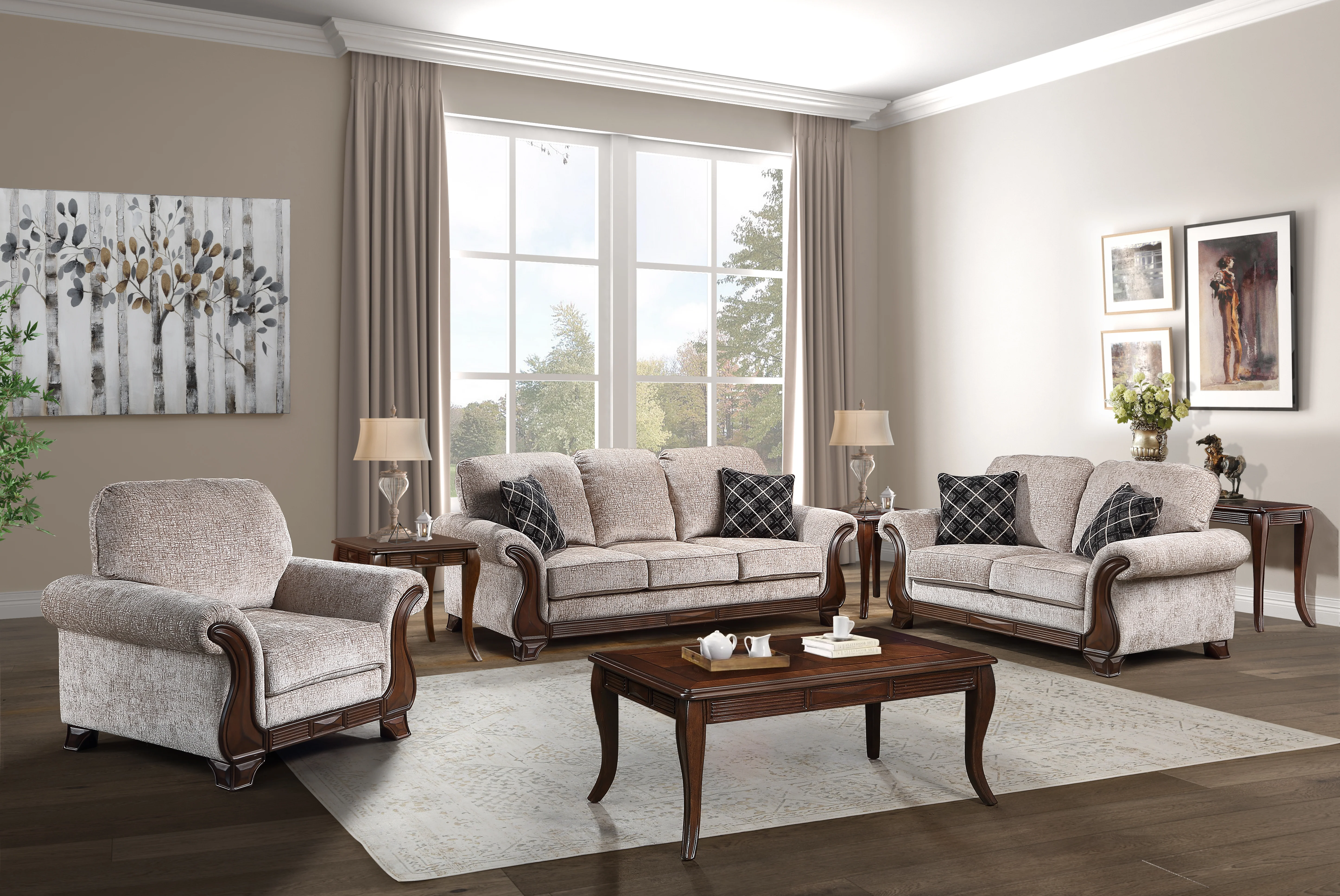 Transitional Dark Brown 3-Piece Coffee Table Set with Framed Inlay-Style Tops & Curved Legs