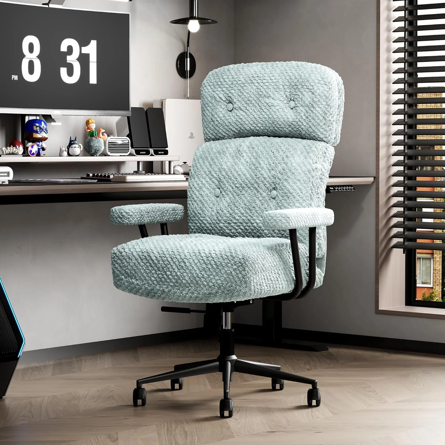 Tufted Home Office Chair with Wheels, Armrests & Adjustable Height - Image 4