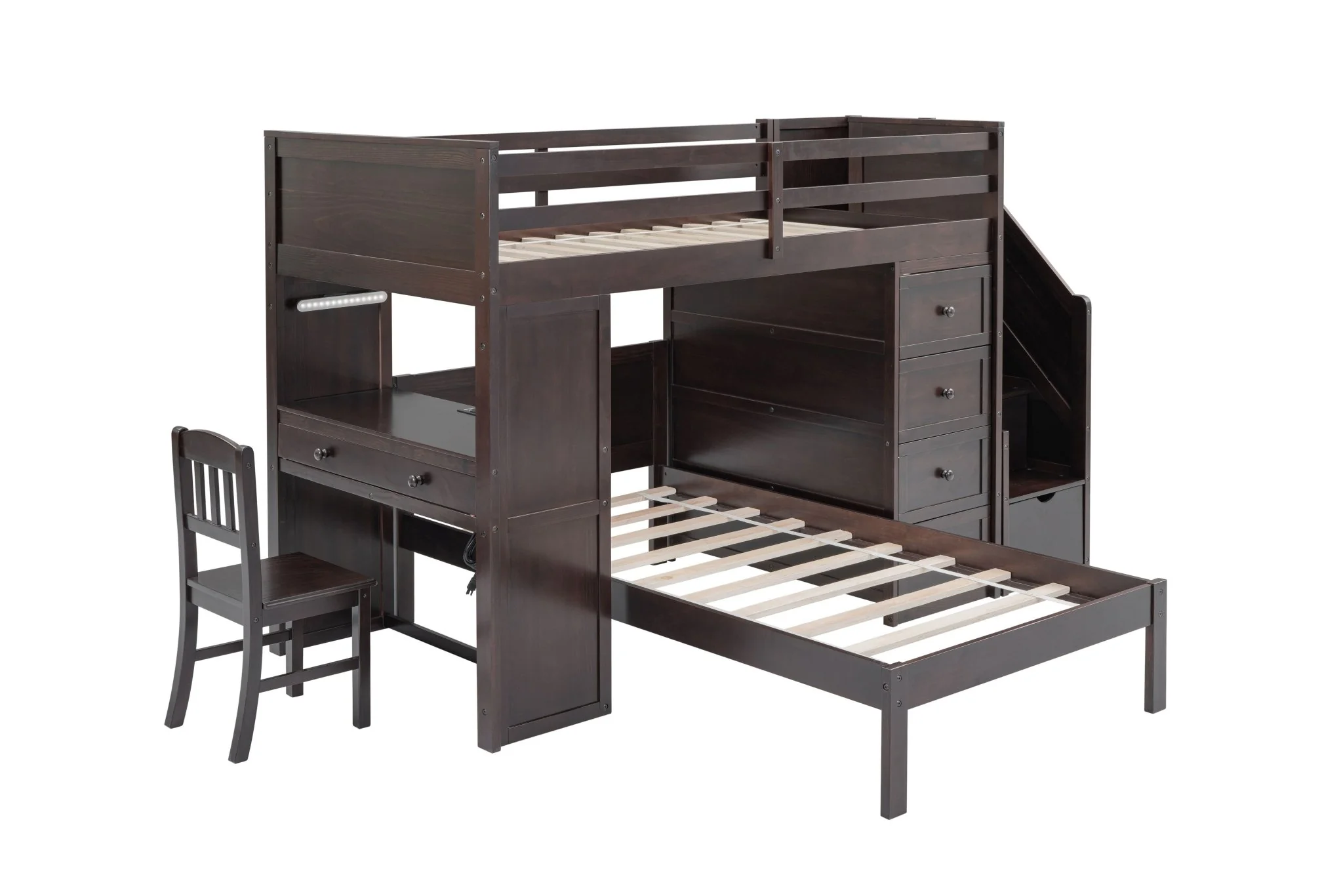 Twin Bunk Bed Set with Storage Stairs, Desk, and Chair – Espresso Finish - Image 3