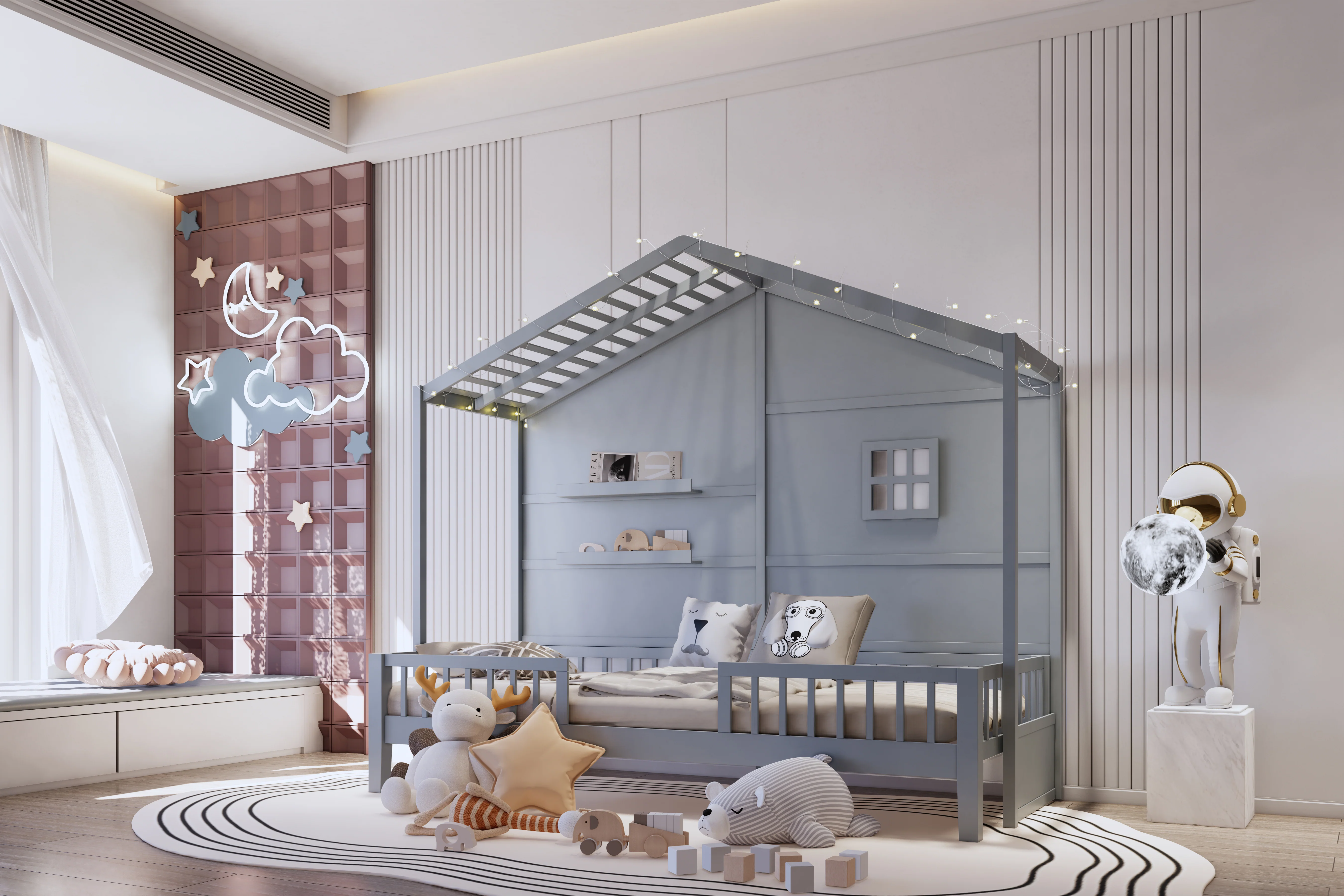 Twin Size House Bed with Shelves - Grey