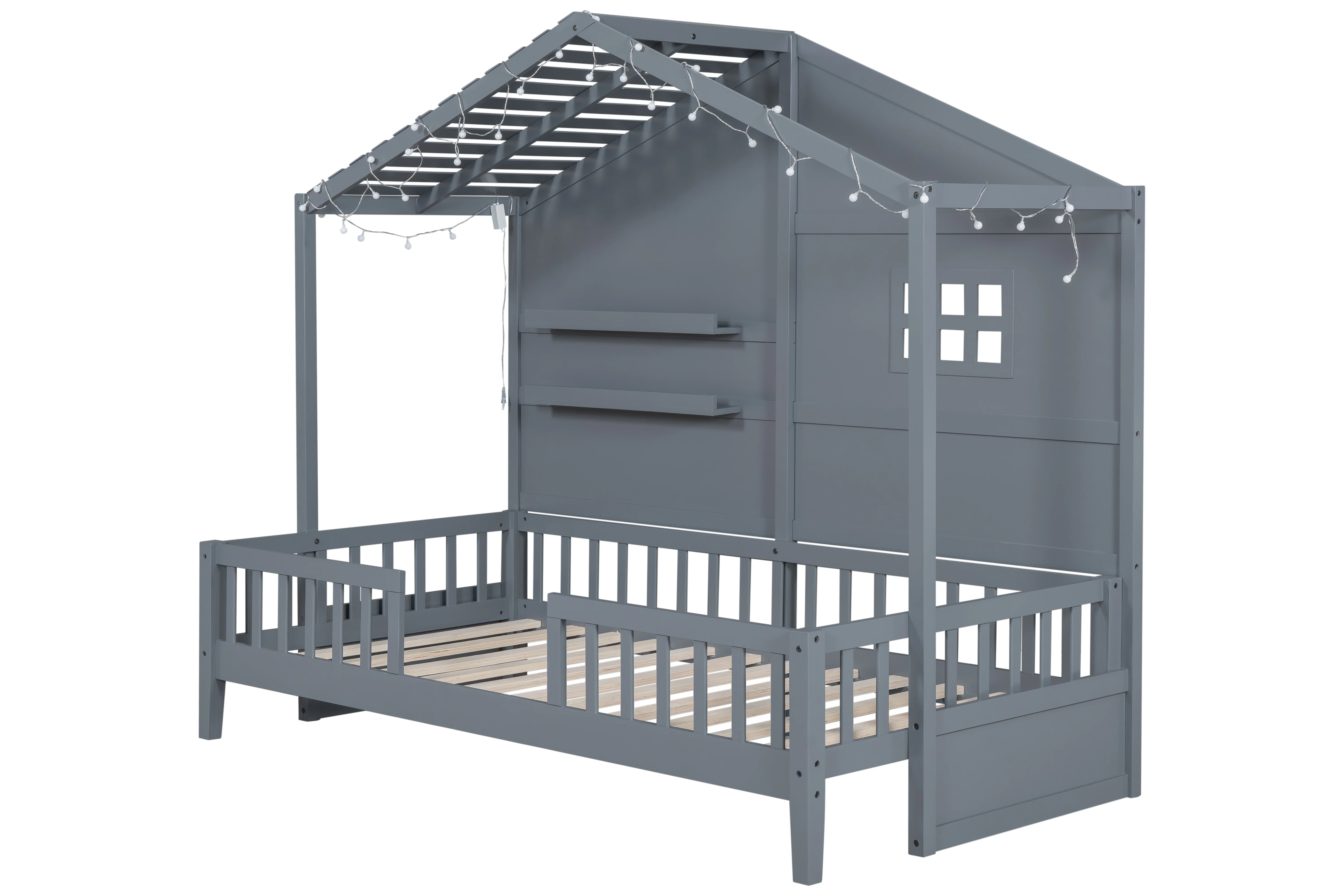 Twin Size House Bed with Shelves - Grey - Image 4