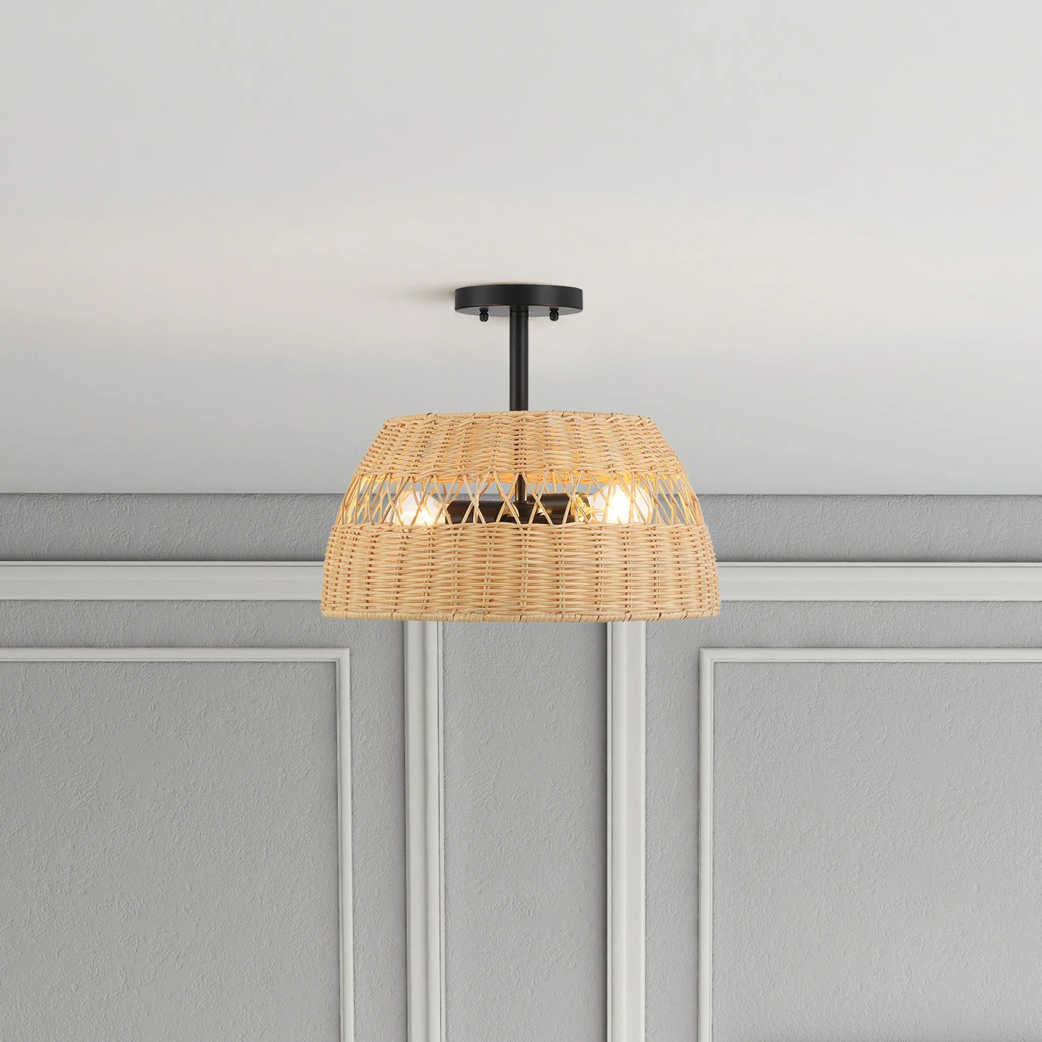 Twinkle - Double Lights Semi Flush With Shade - Black / Rattan - Image 6
