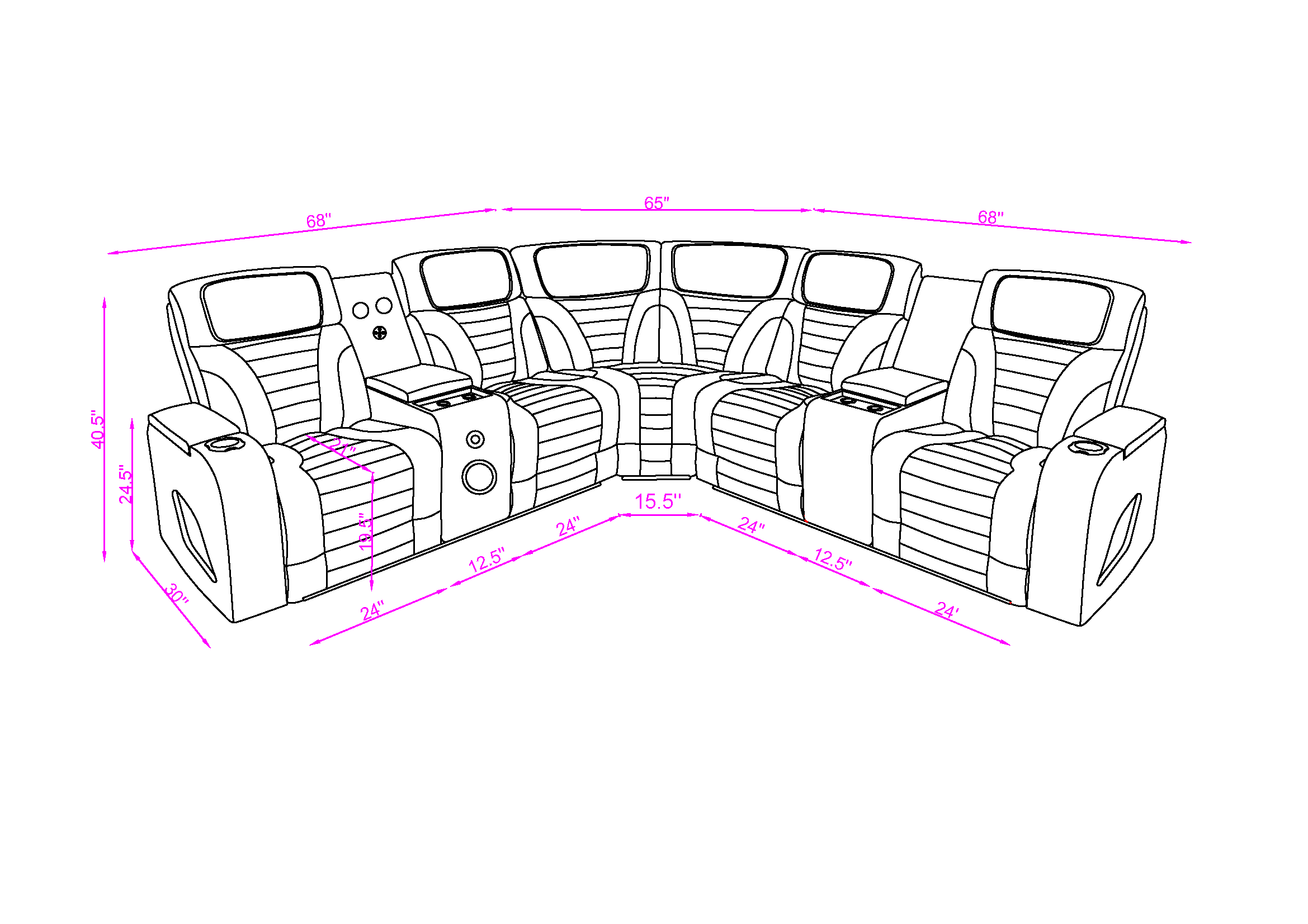 Two-Tone Curved Power Reclining Sectional with LED Lights, Cup Holders, USB & Built-In Speakers - Image 11